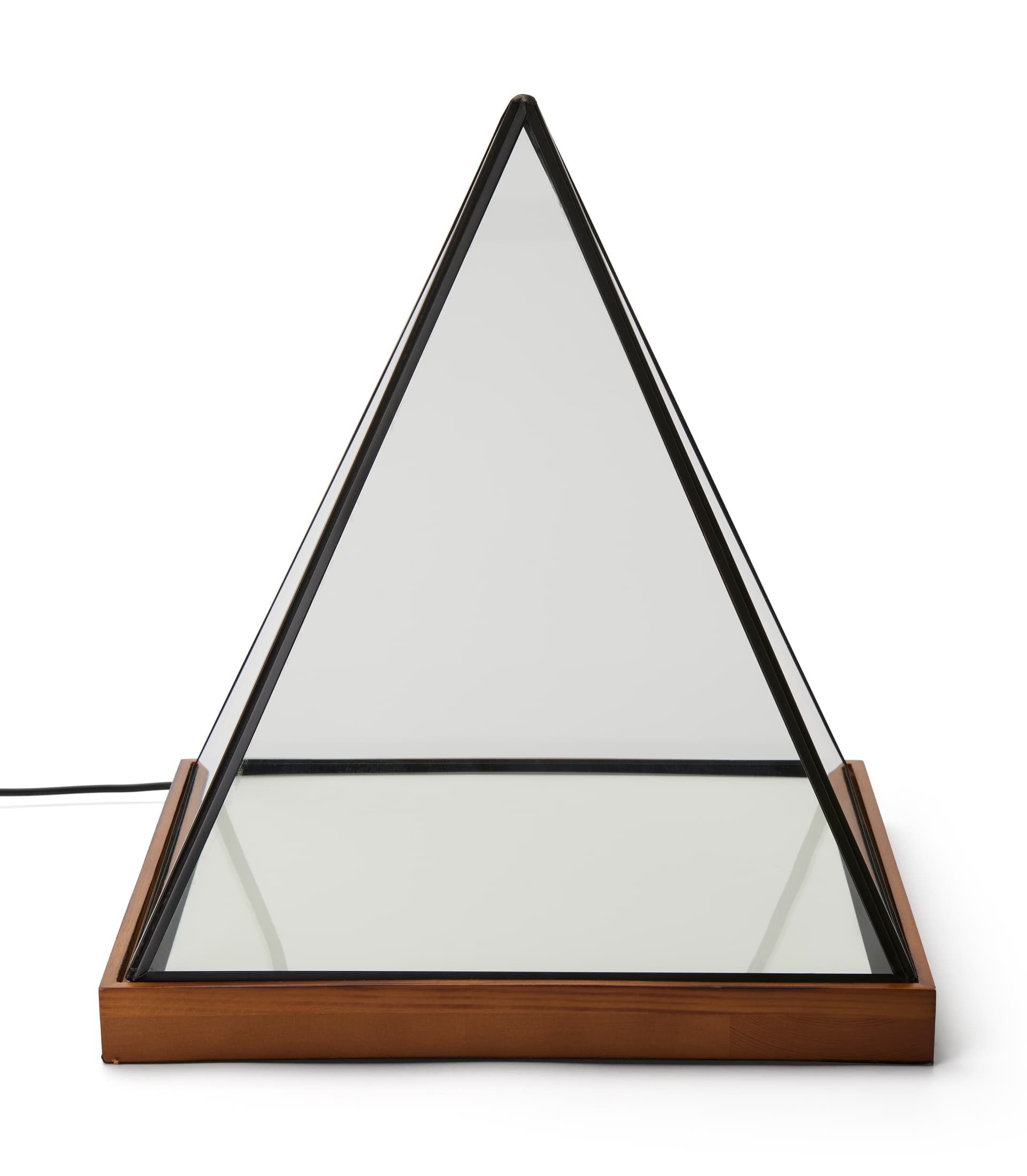 Lighted pyramid glass box with rubber wood base