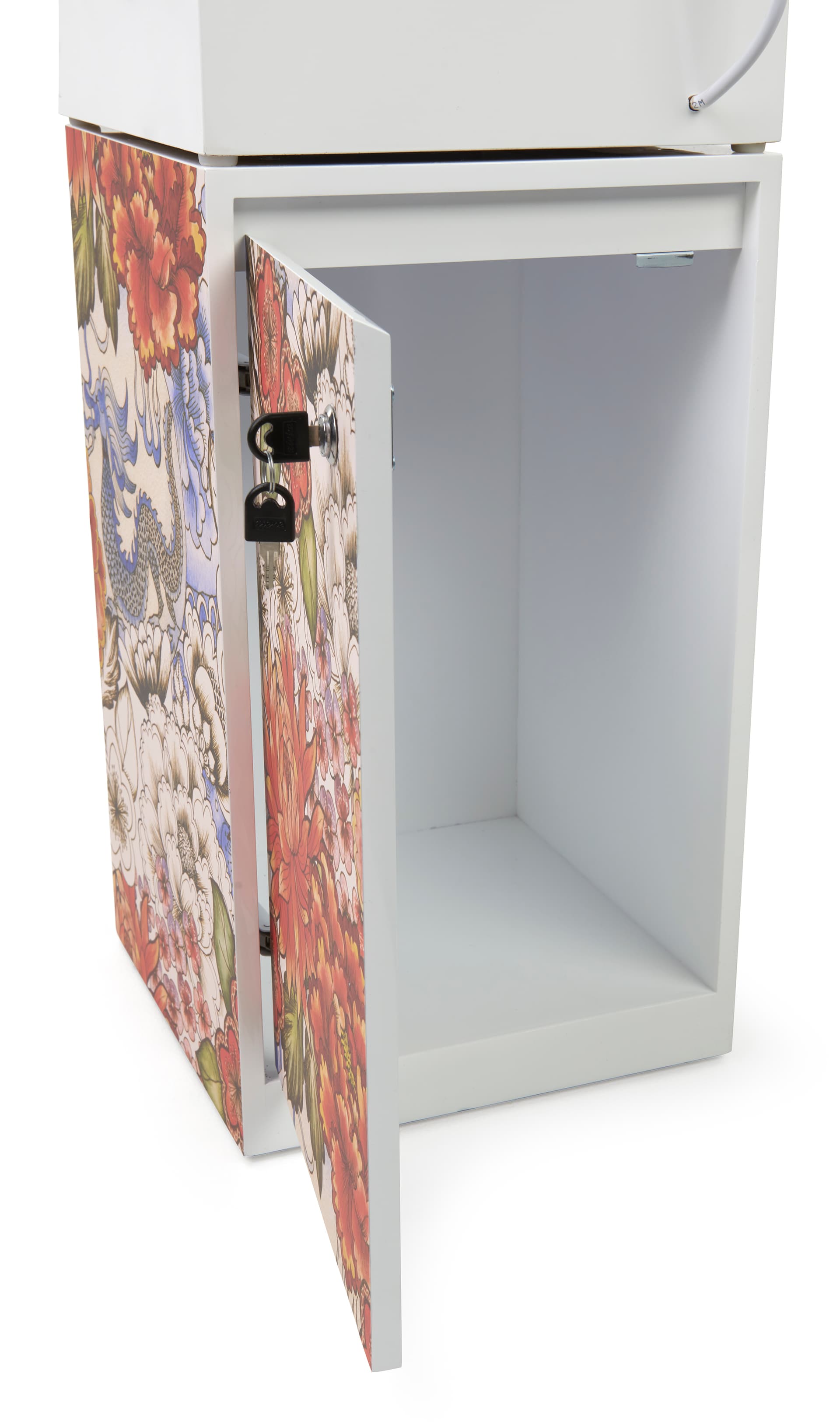 Custom printed LED museum showcase with storage on the unit's backside 