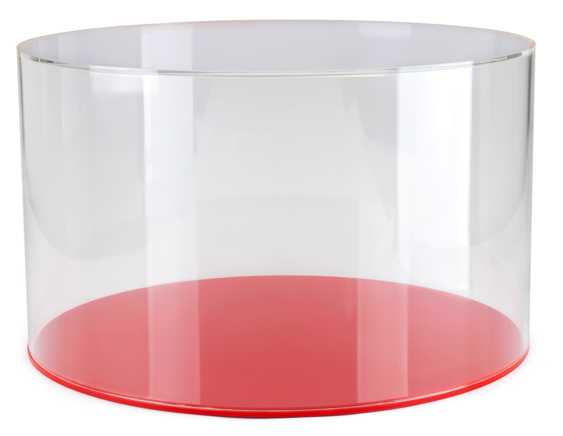 Round red display case with easy lift-off style cover