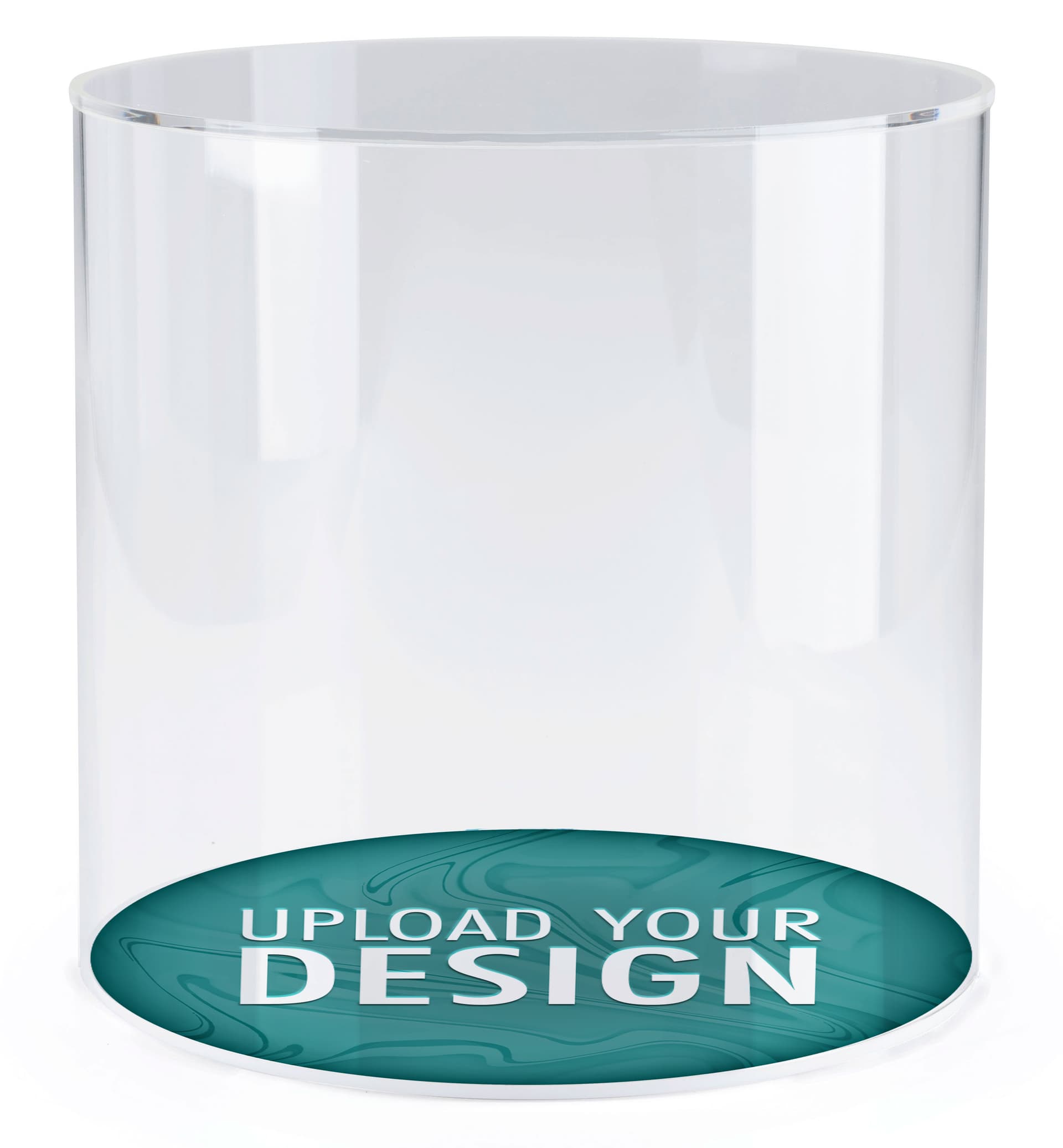 Round plastic cylinder display case with printed base