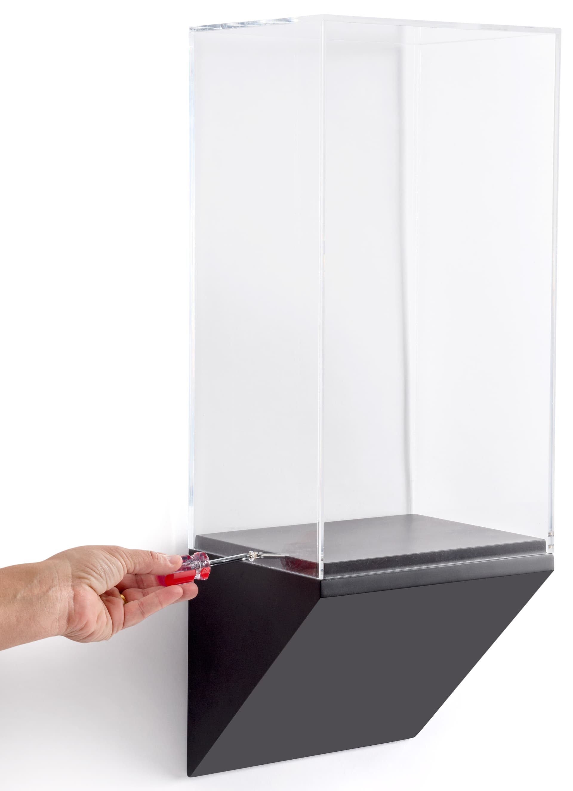 Museum pedestal wedge wall case includes screws to secure display