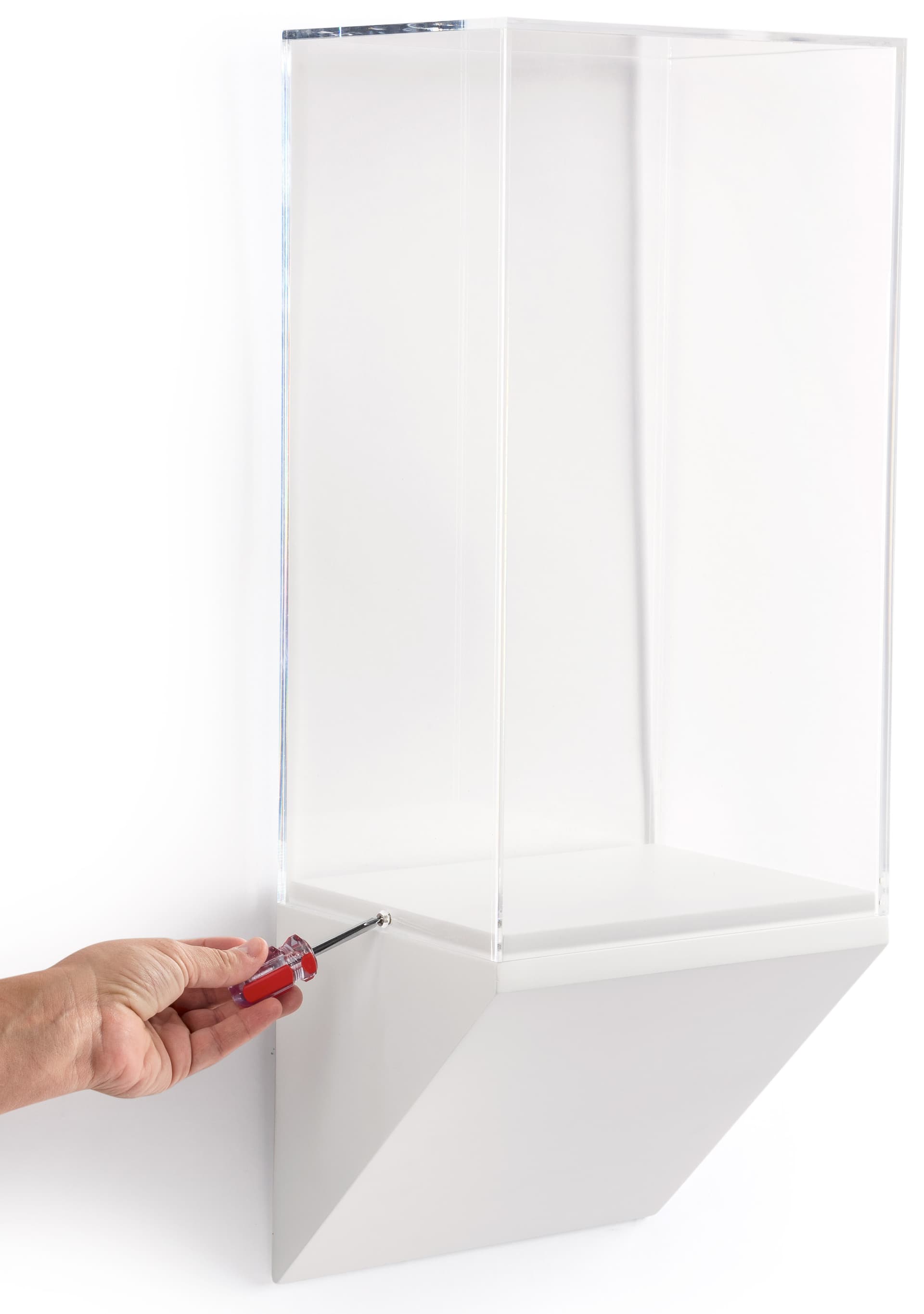 Wedge pedestal museum wall display includes all required hardware for easy installation