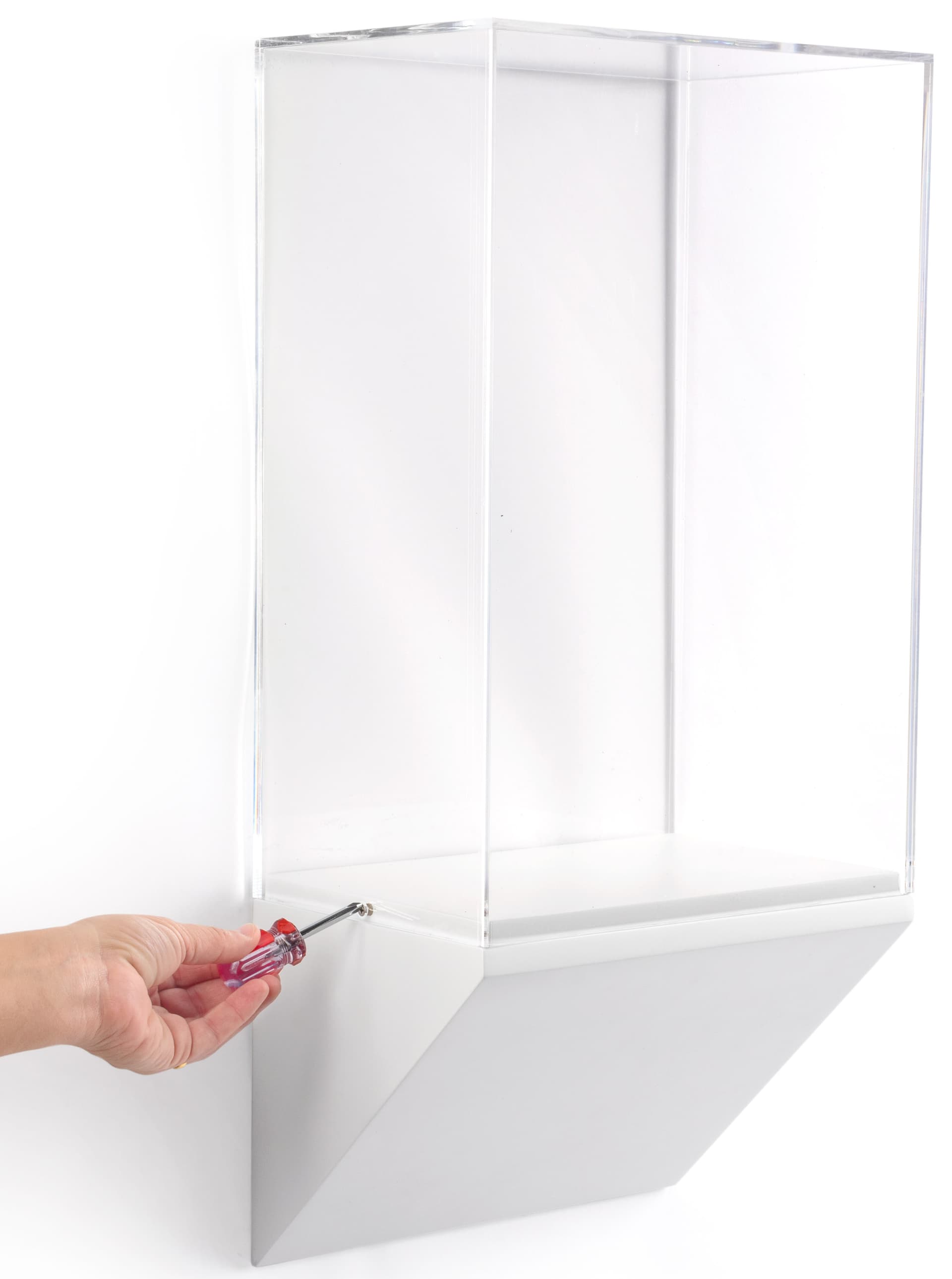 Wedge pedestal museum wall case with screws on side to secure display