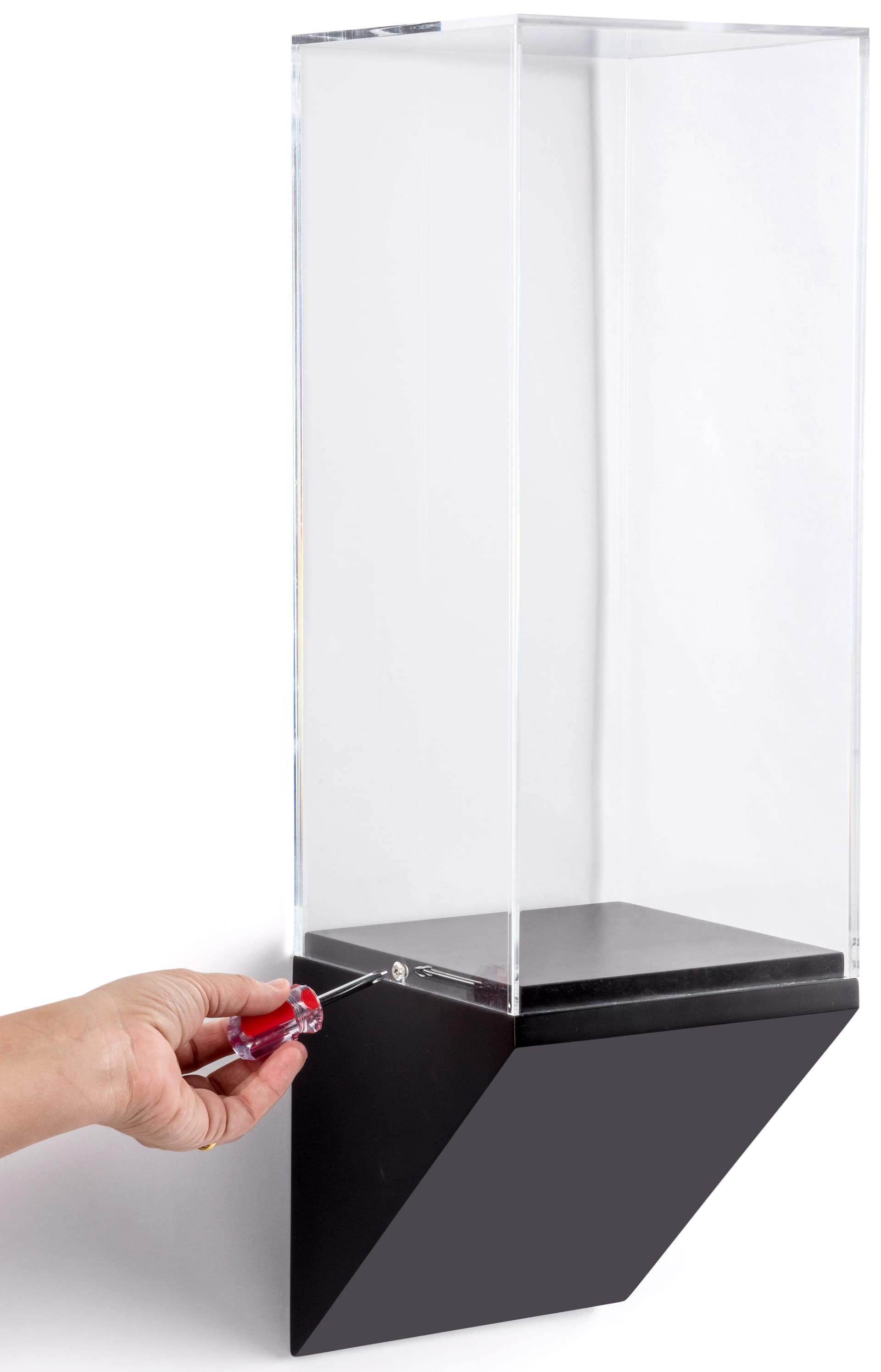 Wedge pedestal gallery wall display shown with included hardware and tool