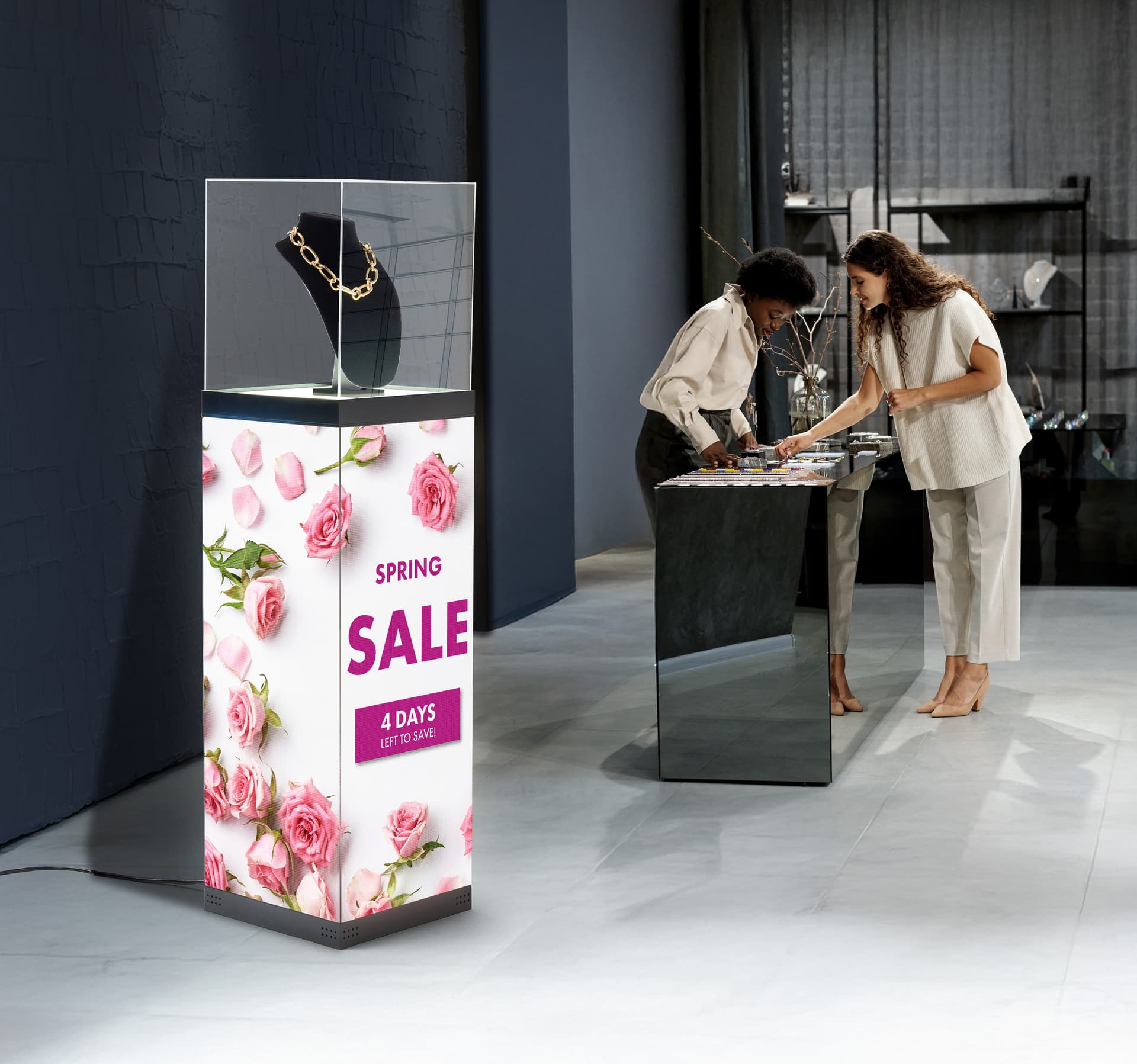 LED Pedestal being showcased in retail jewelry environment