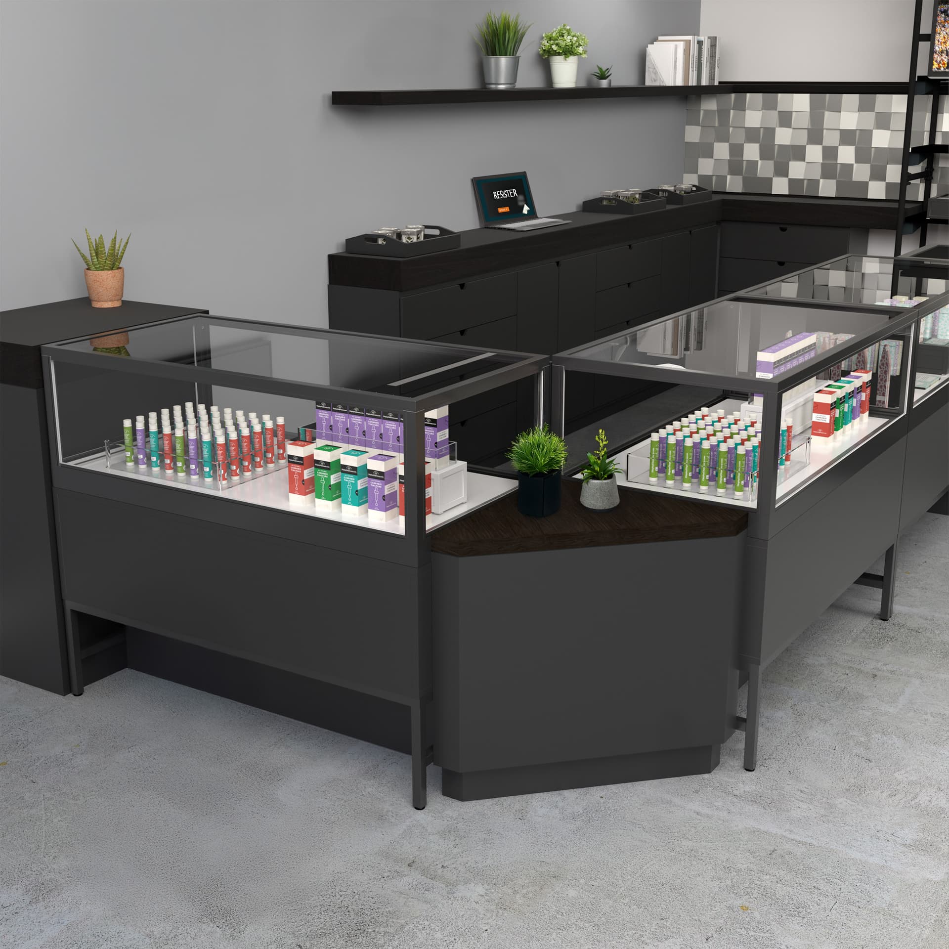 Corner display pedestal in retail setting
