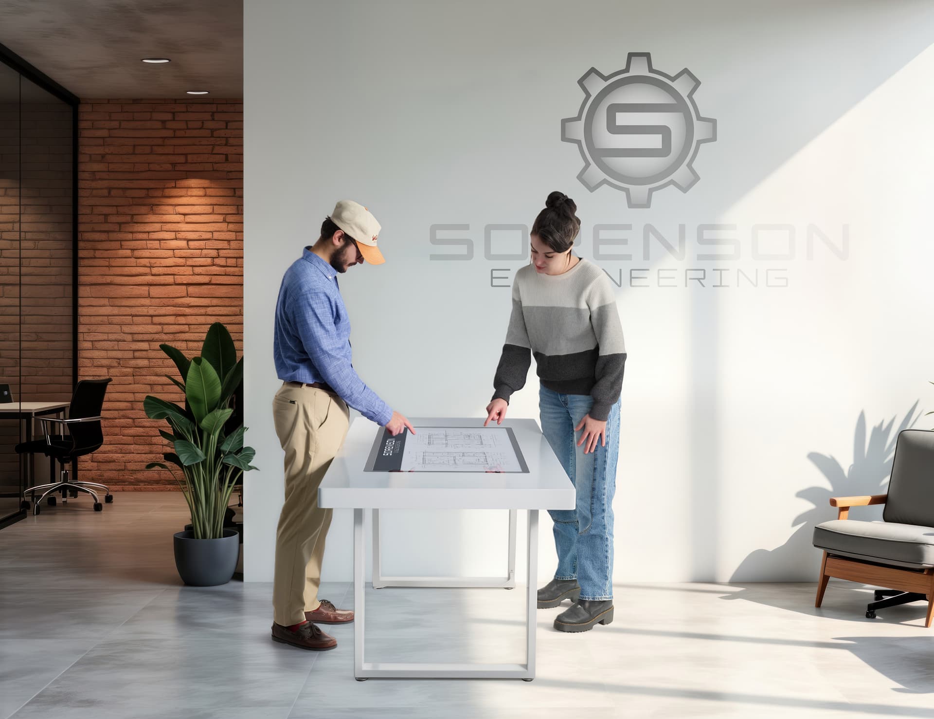 Interactive touch screen table with two people collaborating in an architects studio
