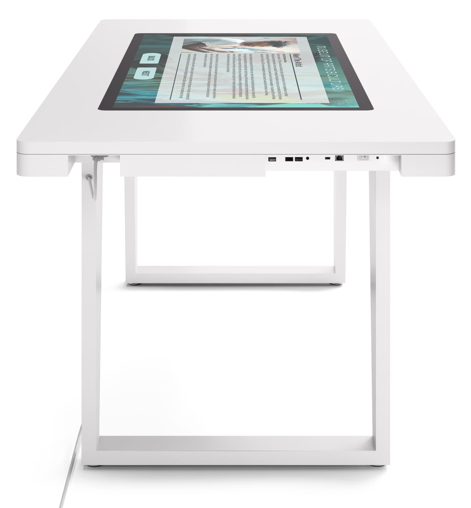 Interactive touch screen table showing the side of the table where ports are located for easy accessibility 
