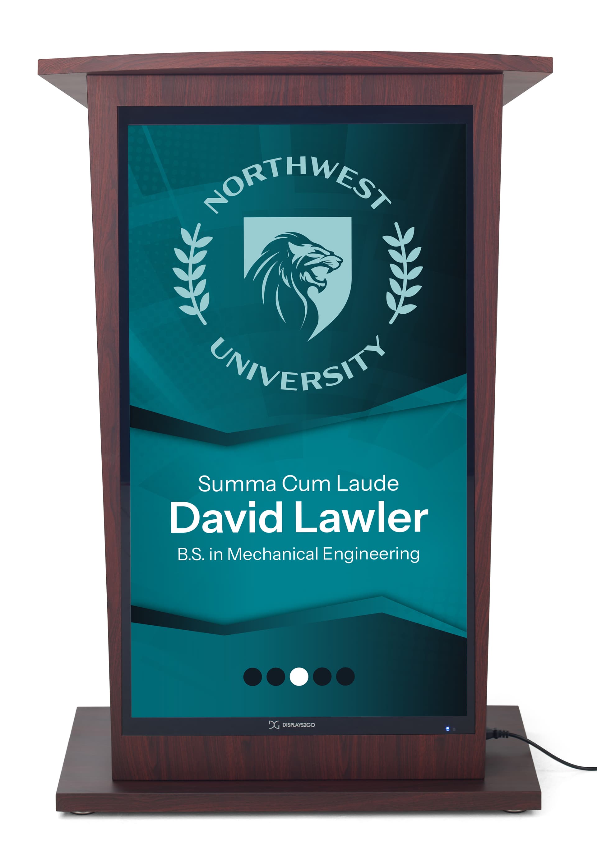 Digital podium showcasing a graduation graphic on the front of the unit