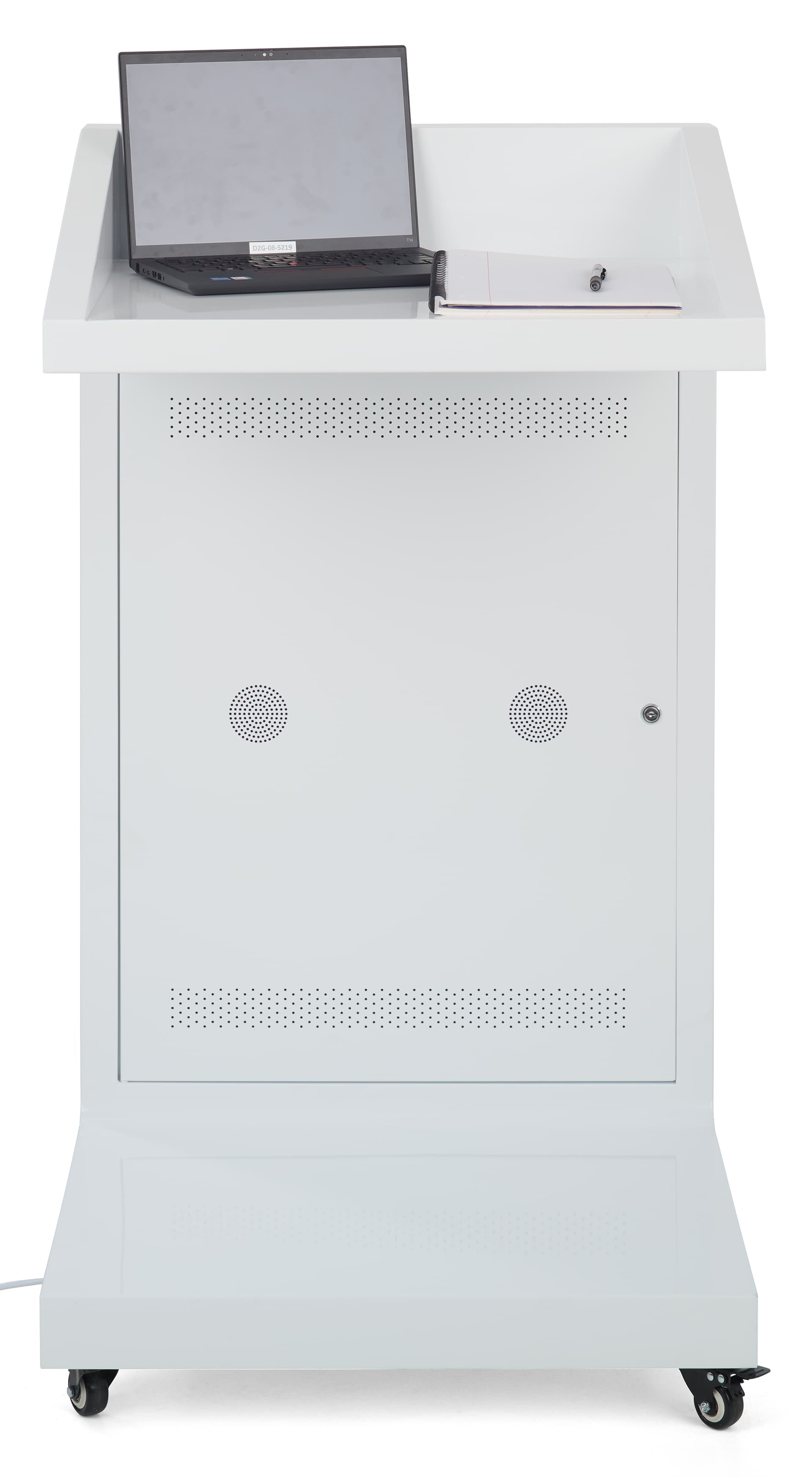 Checkout stand with digital display with a counter top that can hold note pads, laptops, or tablets 