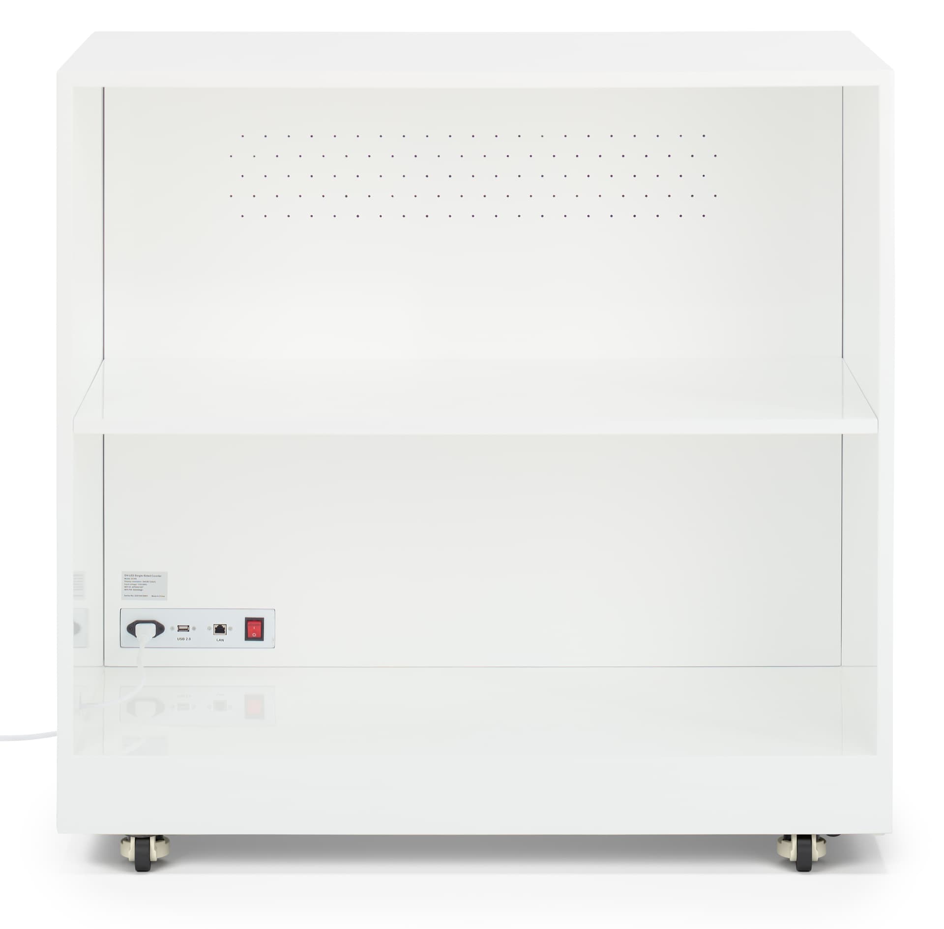 Portable dvLED display with counter exhibiting the back of the unit with shelf