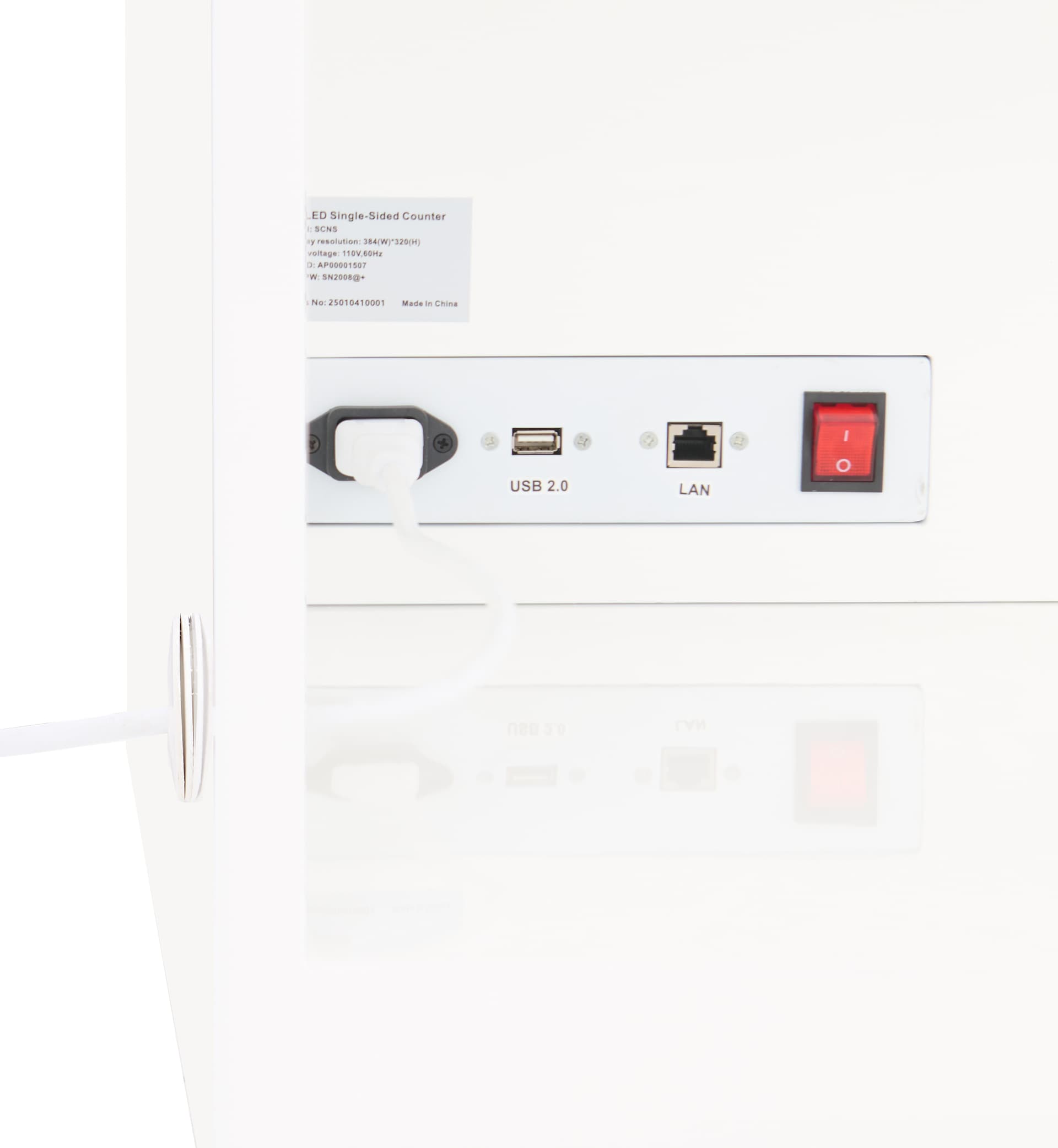 Portable dvLED display with counter showing ports shown in the storage area on the back of the unit