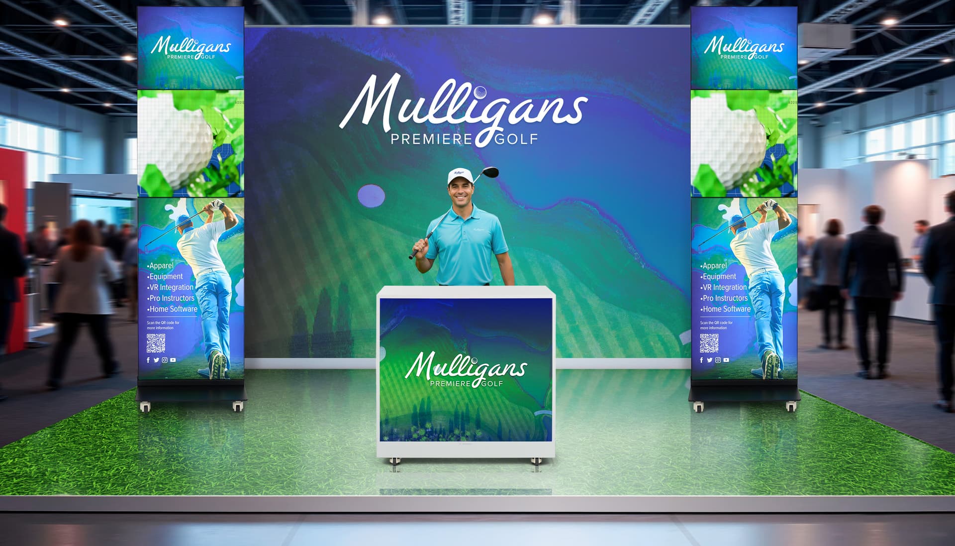 Portable dvLED display with counter in a trade show environment at a golf expo booth