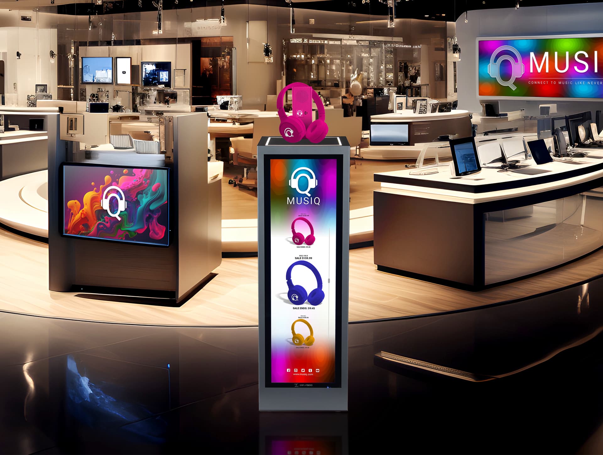 Pedestal display with digital sign with sleek modern style 
