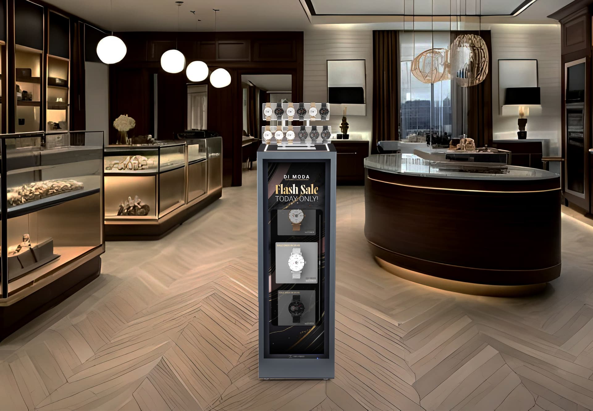 Pedestal display with digital sign with sleek modern style 