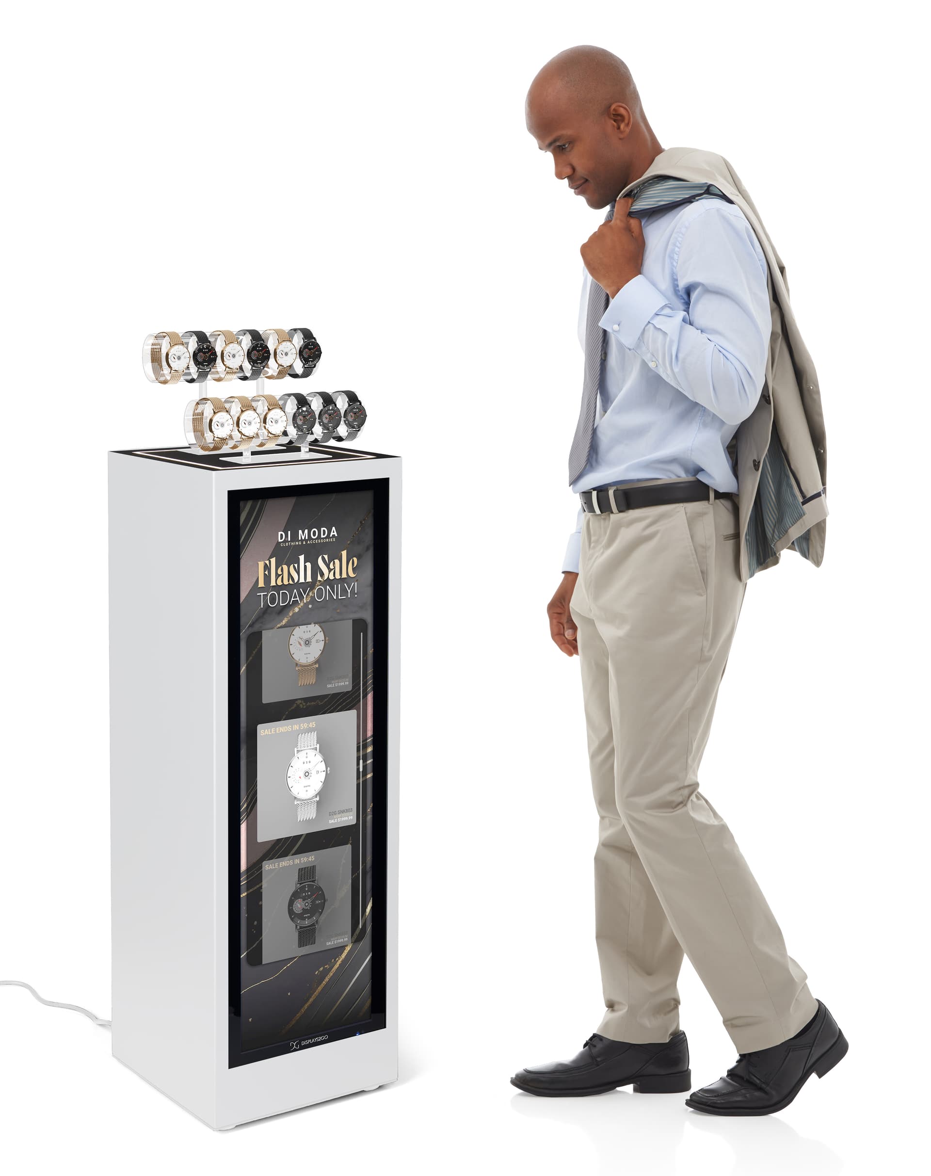 Pedestal display with digital sign with a customer shopping the display