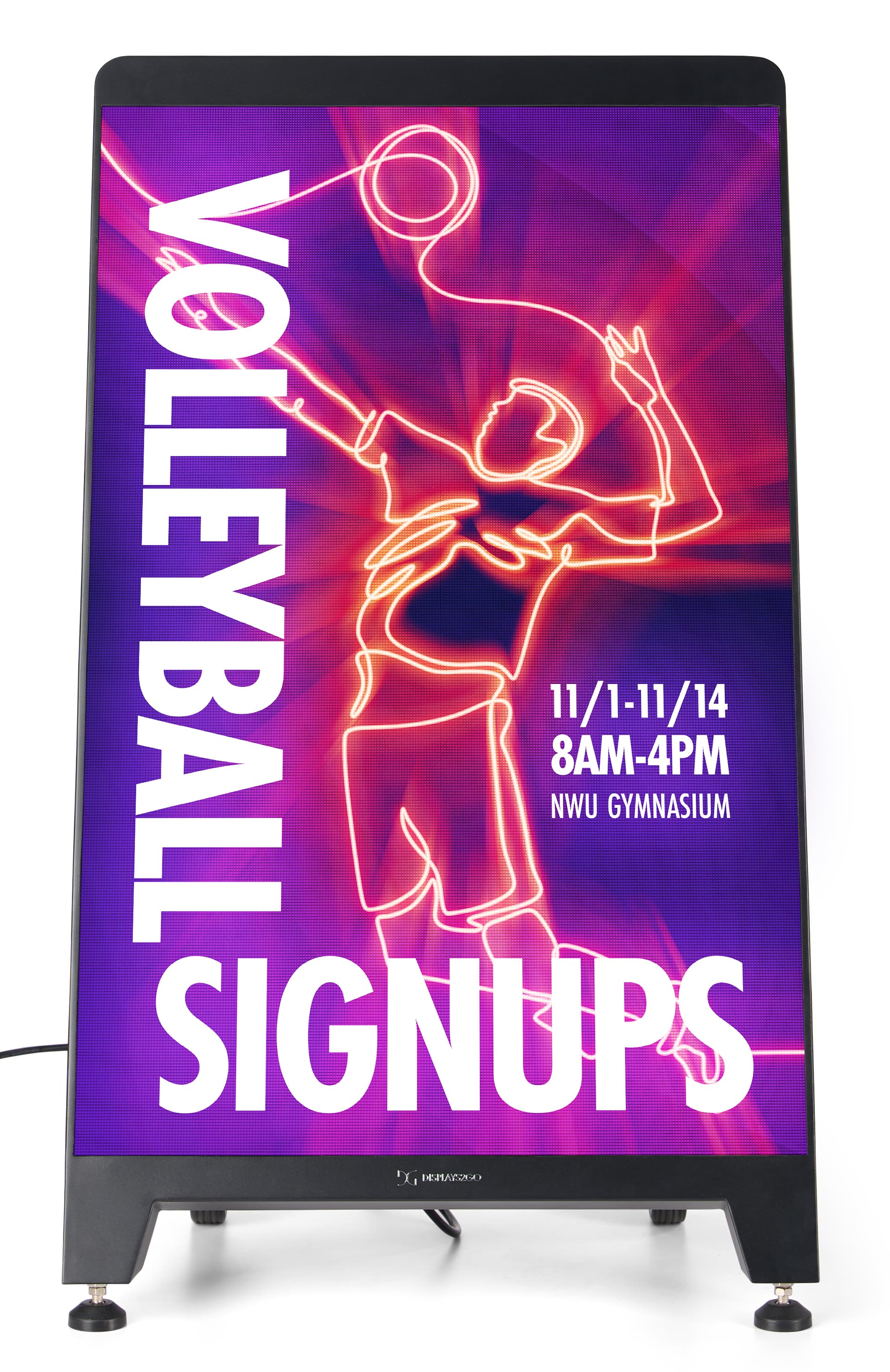 Digital sidewalk sign showcasing a front on graphic of volleyball signups for a college university