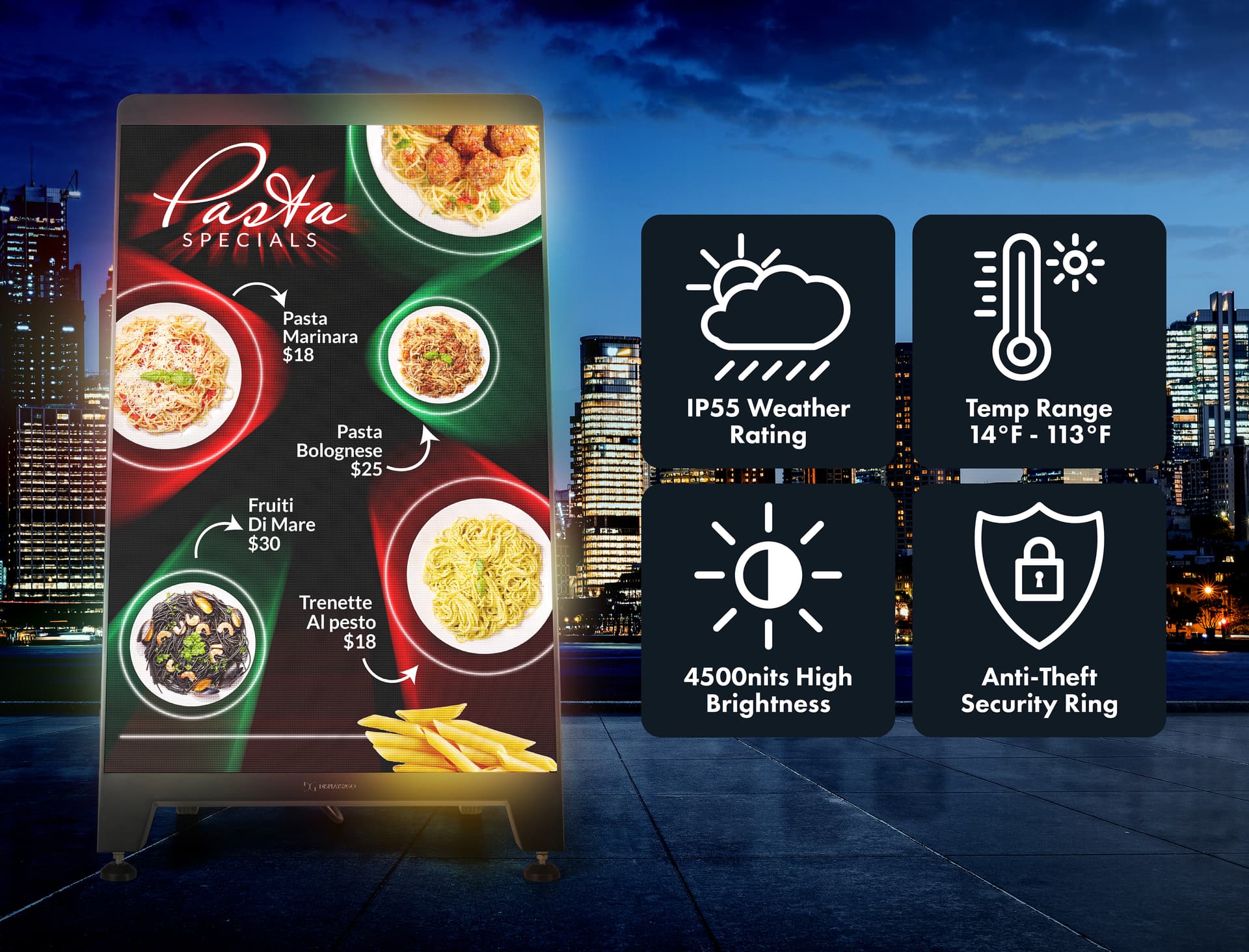 Digital sidewalk sign has an IP55 weather-resistant rating, 14 degree to 113 degree working temperature range, 4500nits of brightness, and anti-theft security ring
