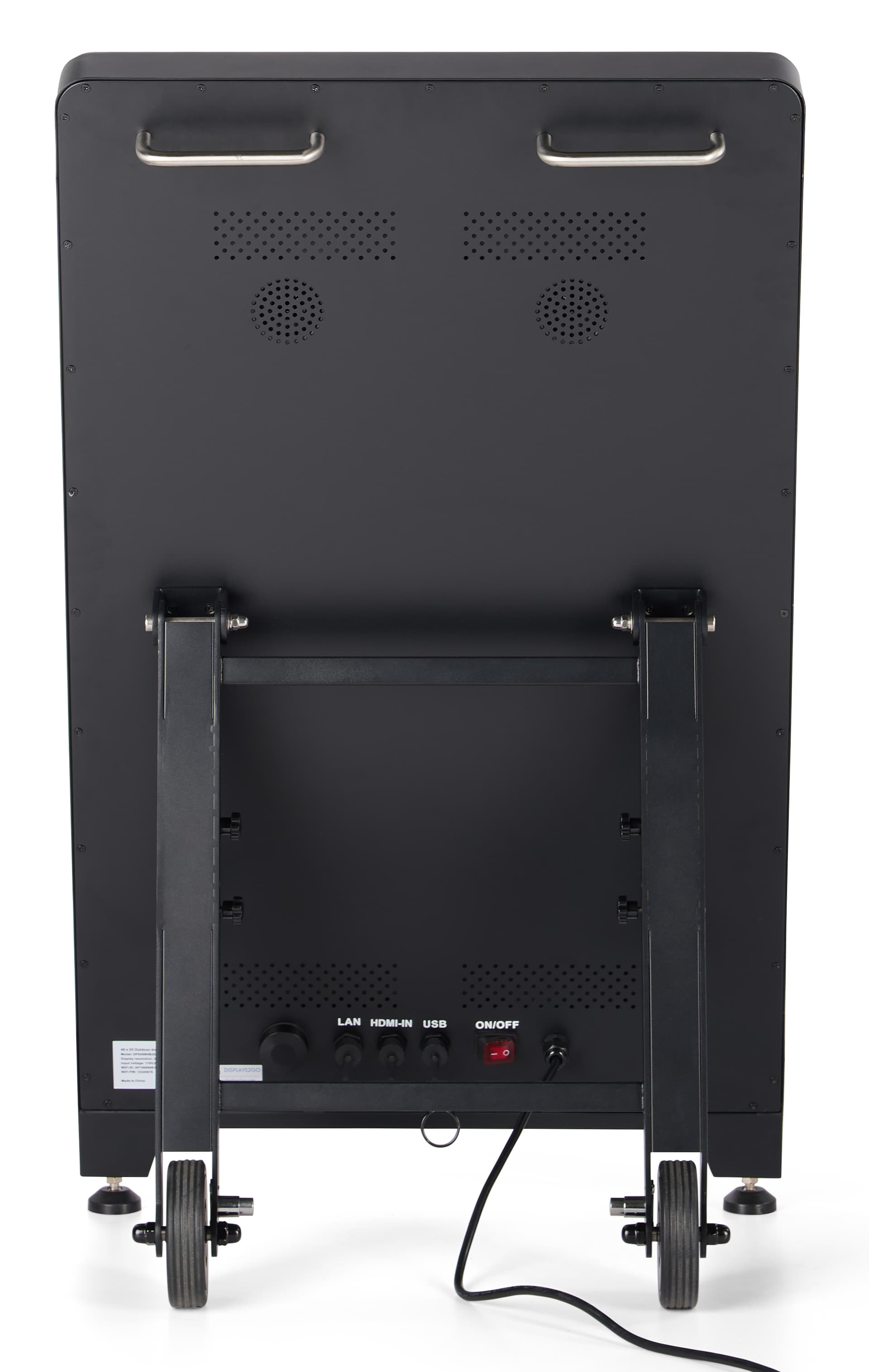 Digital sidewalk sign exhibiting the back on the unit where the handles, wheels, security ring, and ports are located 