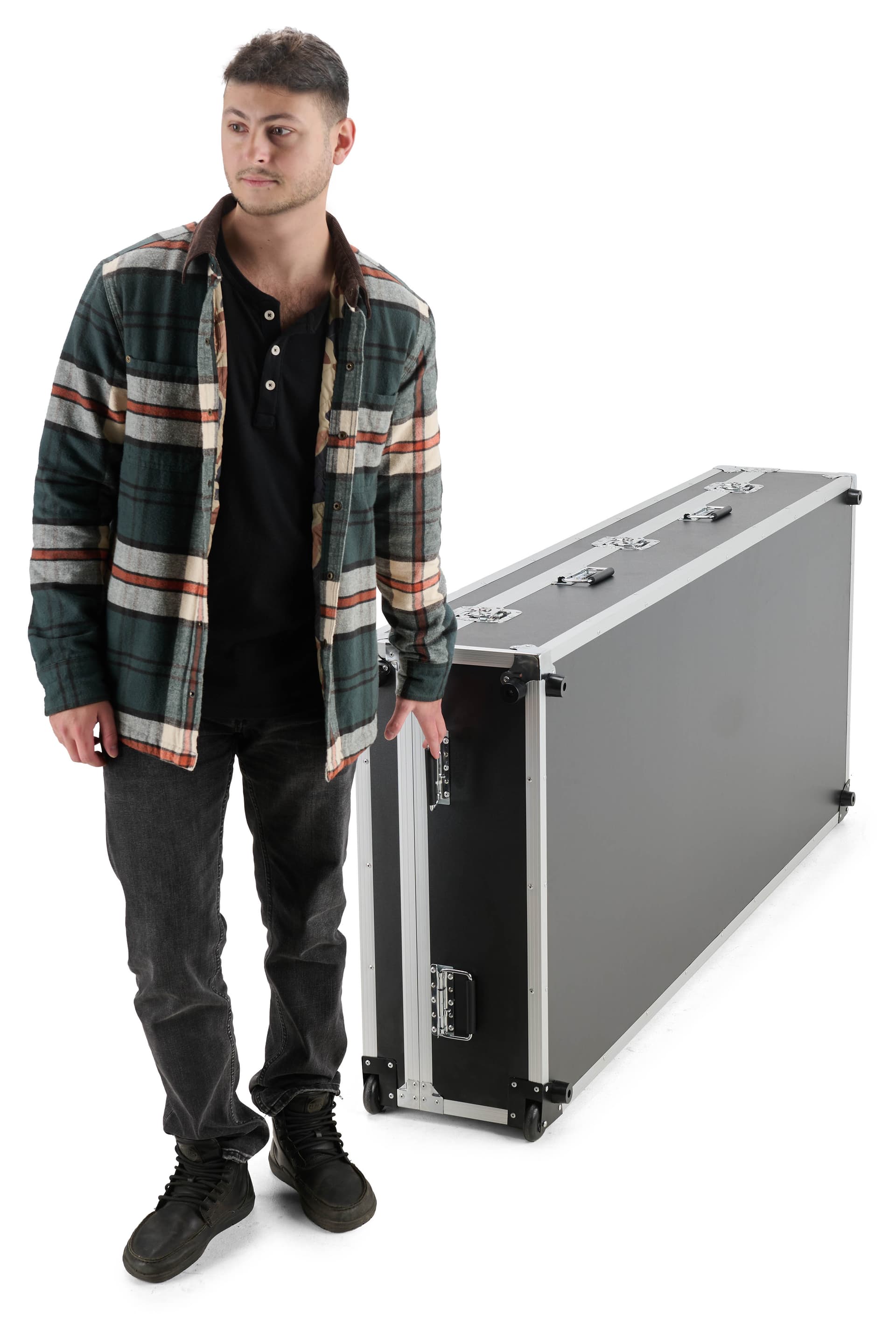 Storage case for floor standing digital signage with rubber wheels for transportation