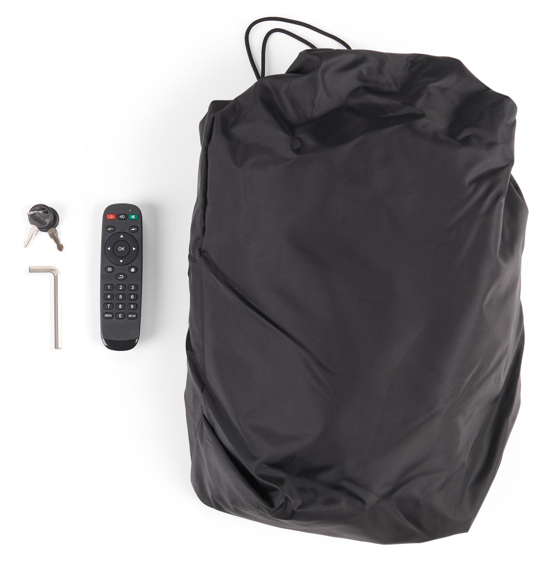 Outdoor digital sign with included remote, keys, and cover