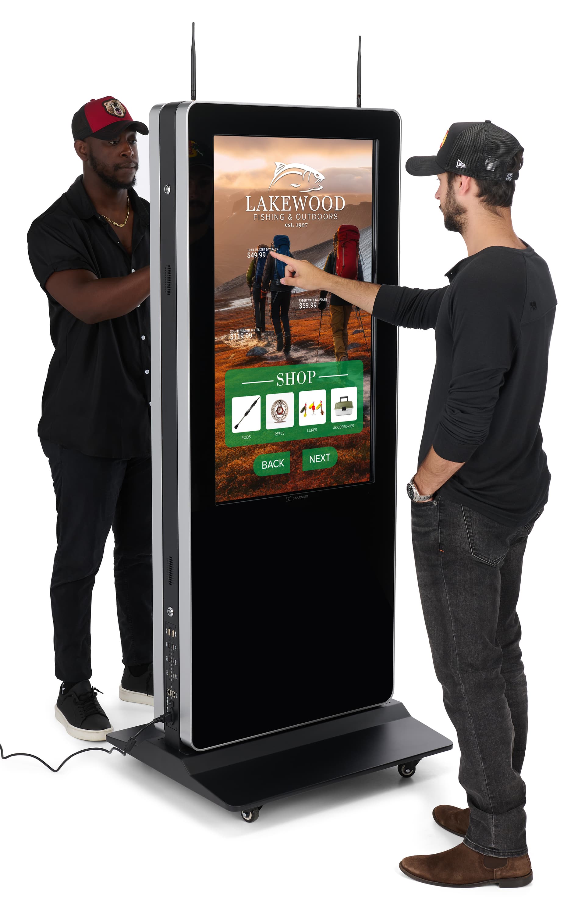 Double-sided digital vertical touchscreen kiosk with steel material