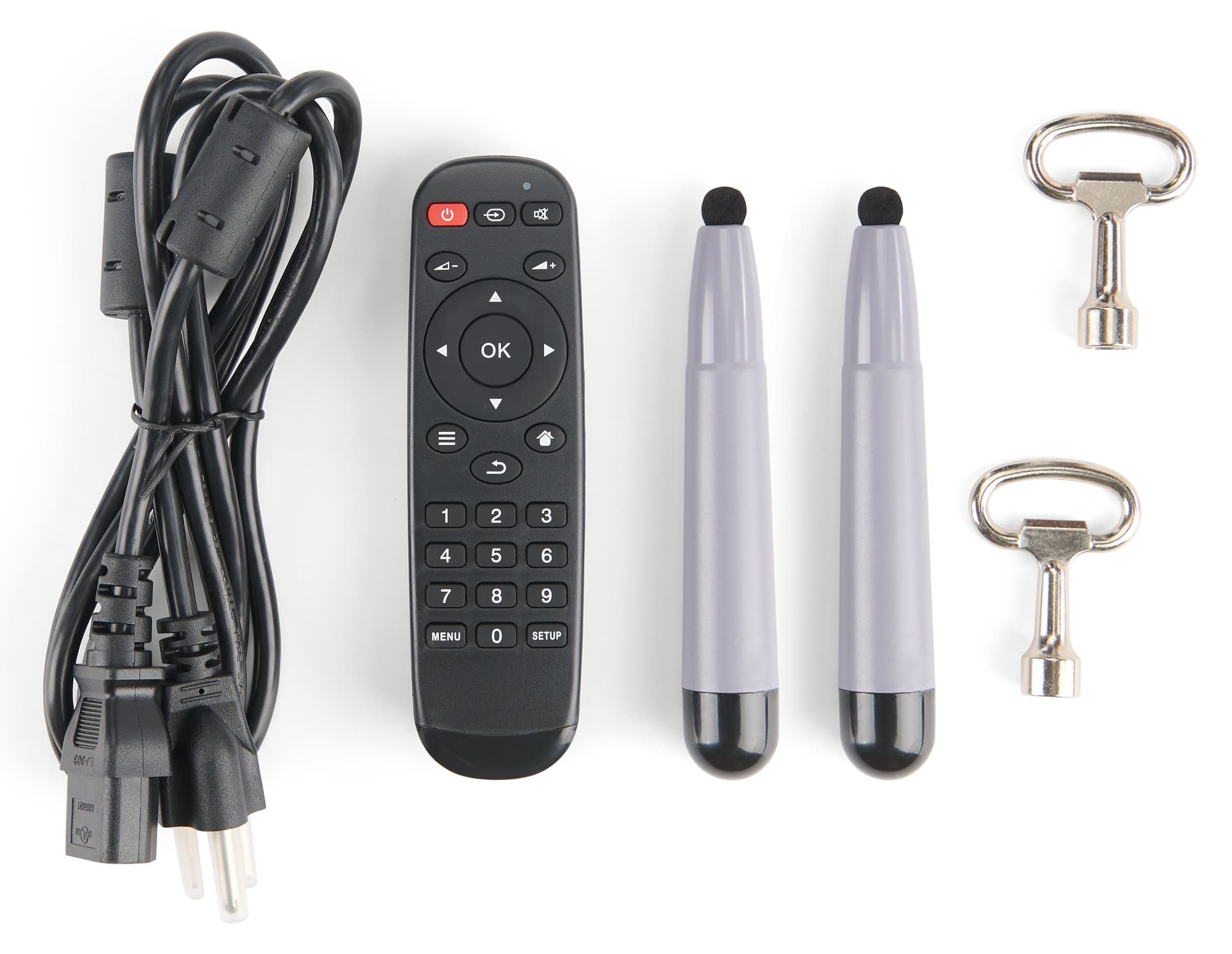 Interactive video kiosk with included kit shot of touch screen pens, maintenance panel keys, and remote control