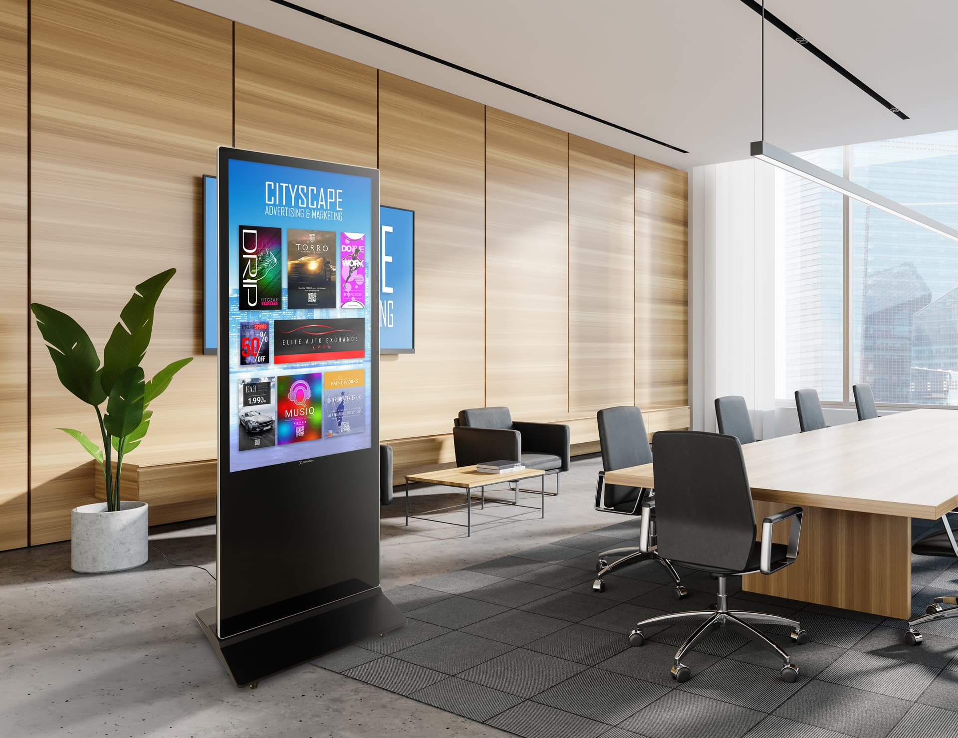 Digital display advertising floor stand with easy portability and large viewing angle