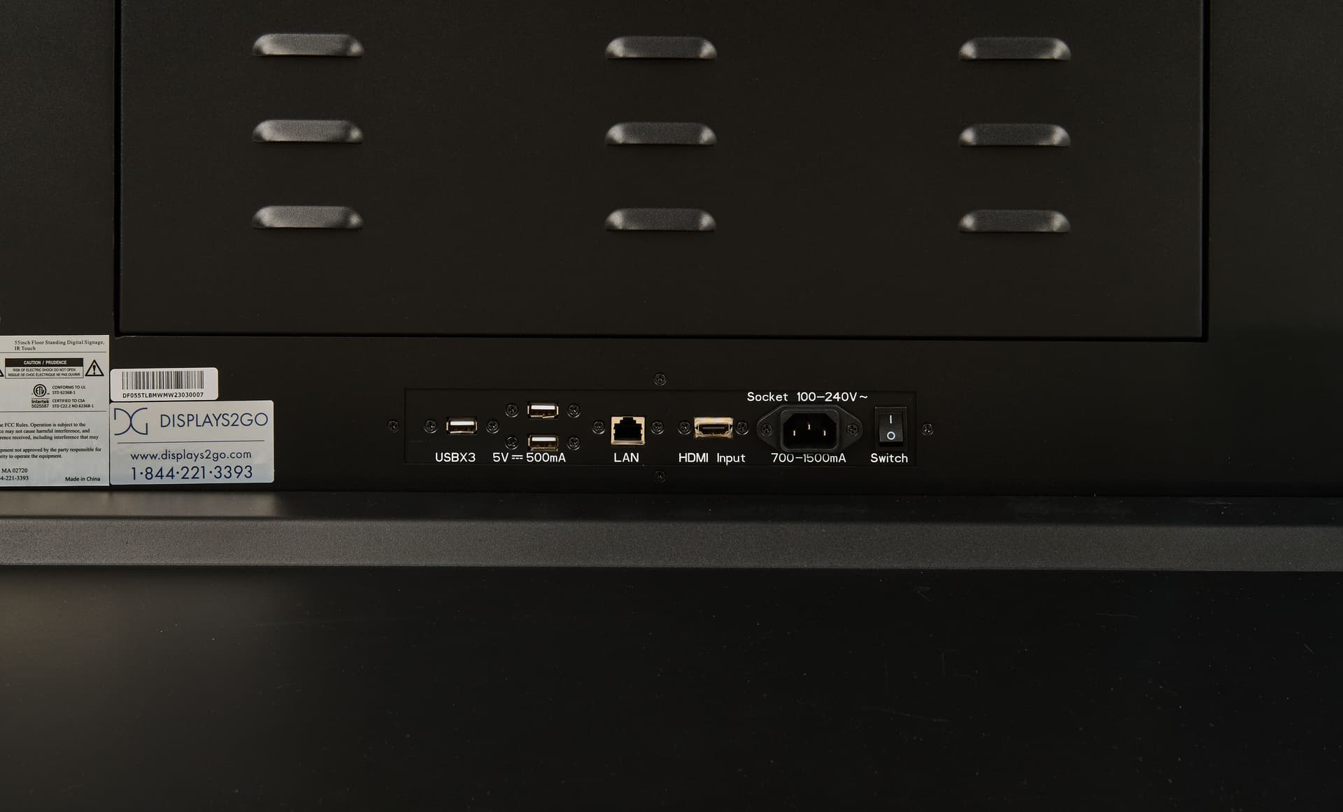 Advertising multimedia kiosk with close up view of the ports offered on this unit