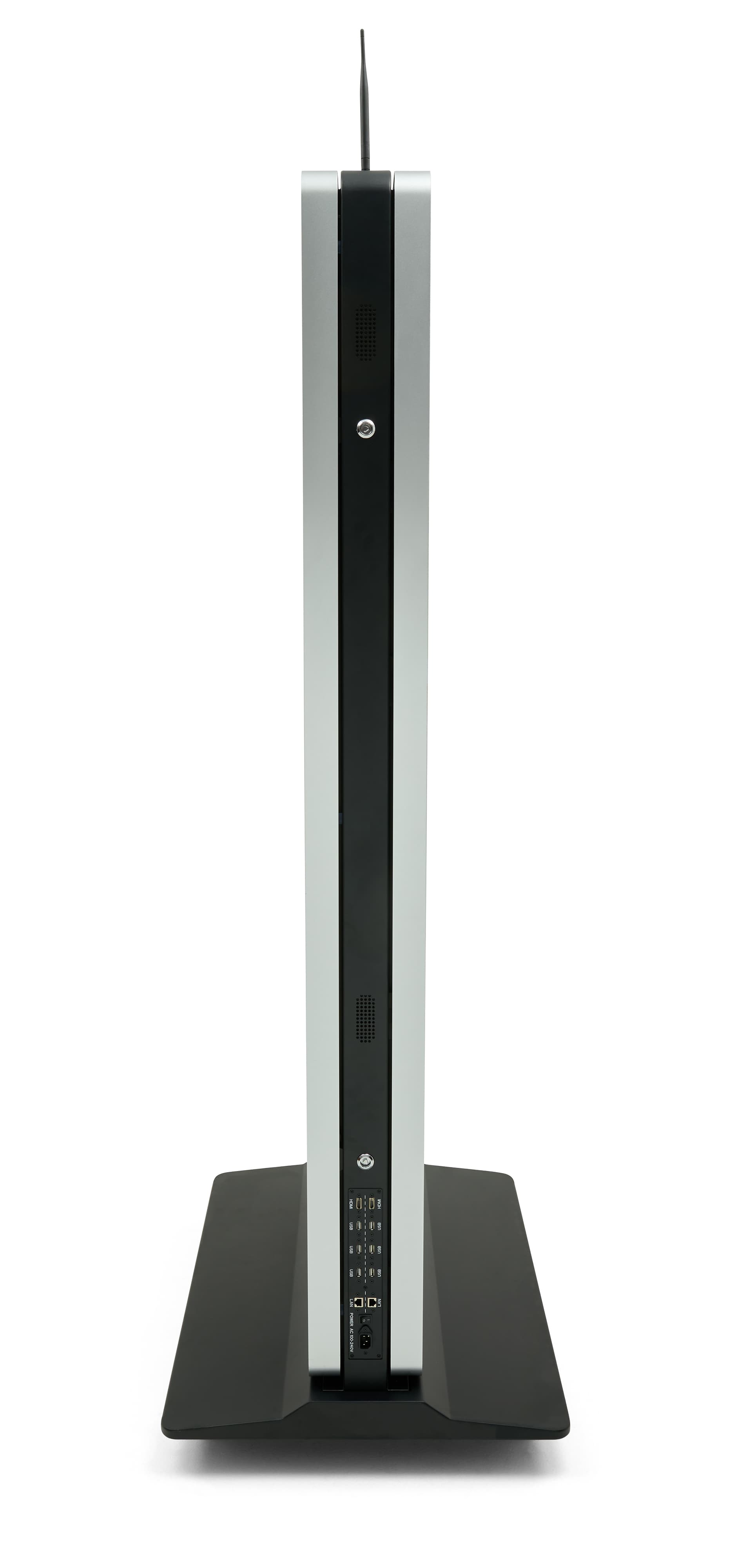 Double-sided digital vertical touchscreen kiosk with accessible ports