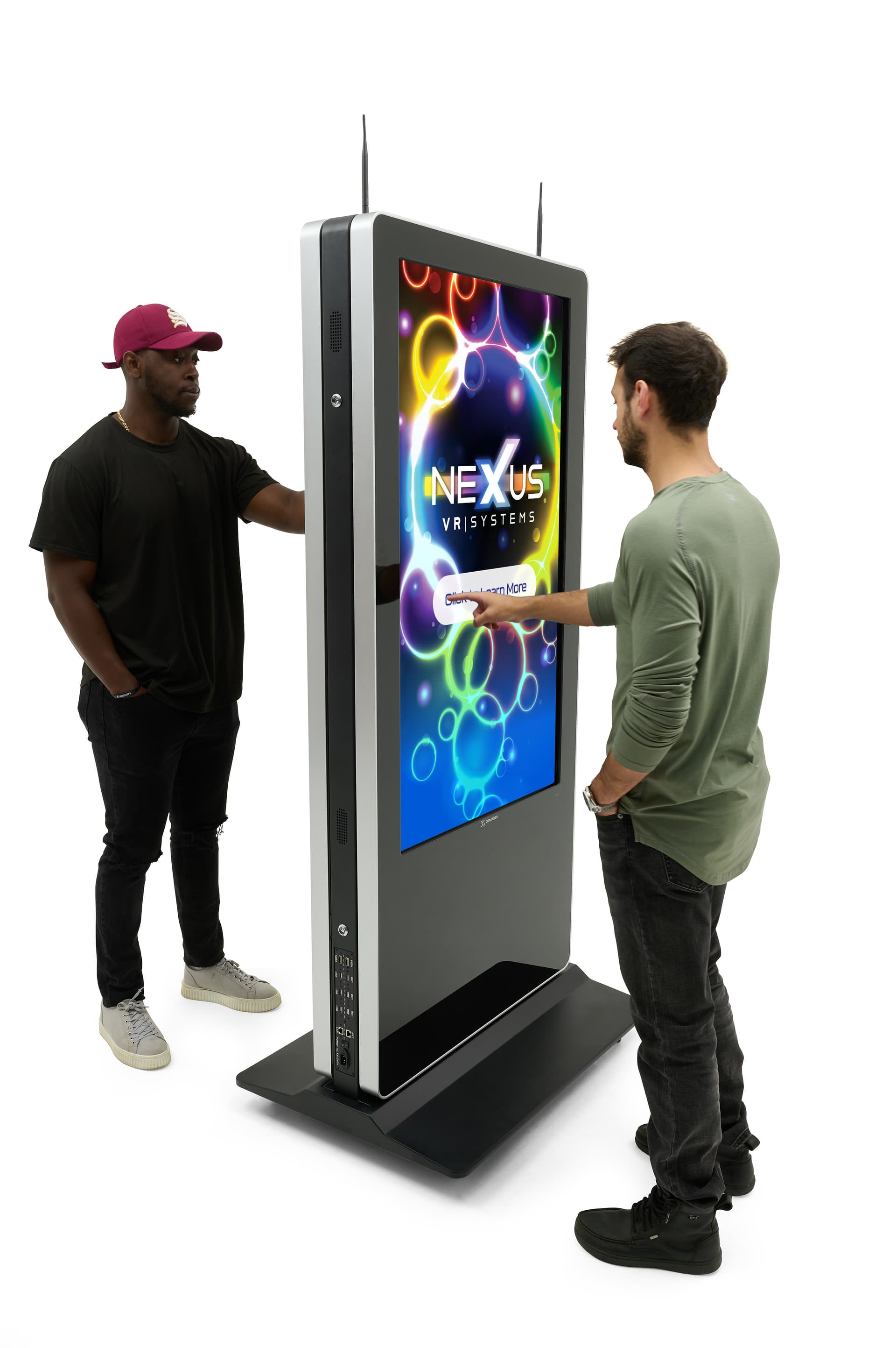 Double-sided digital vertical touchscreen kiosk with double sided features