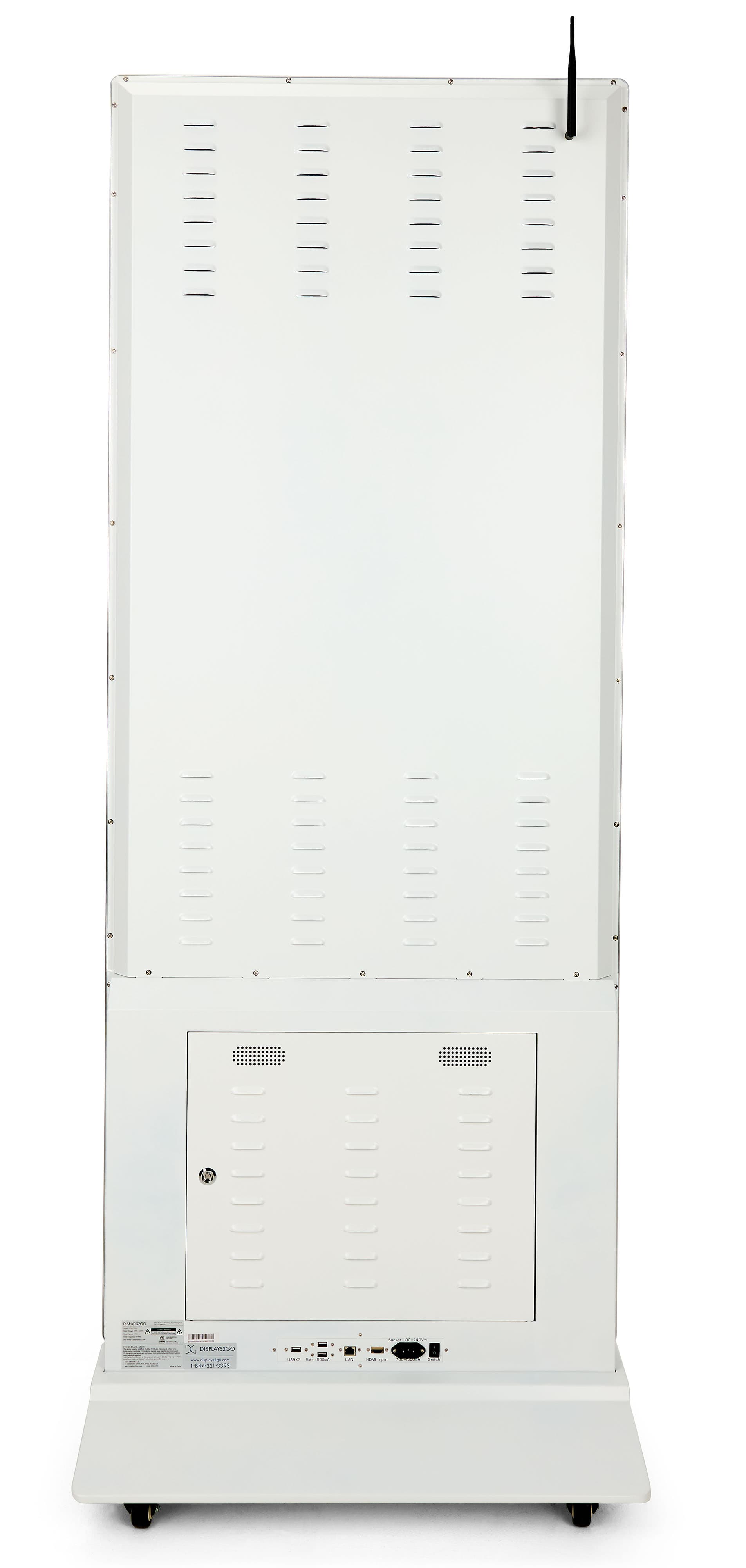 Back View of Advertising Multimedia Kiosk Showcasing Ports, Internal Access and Antenna