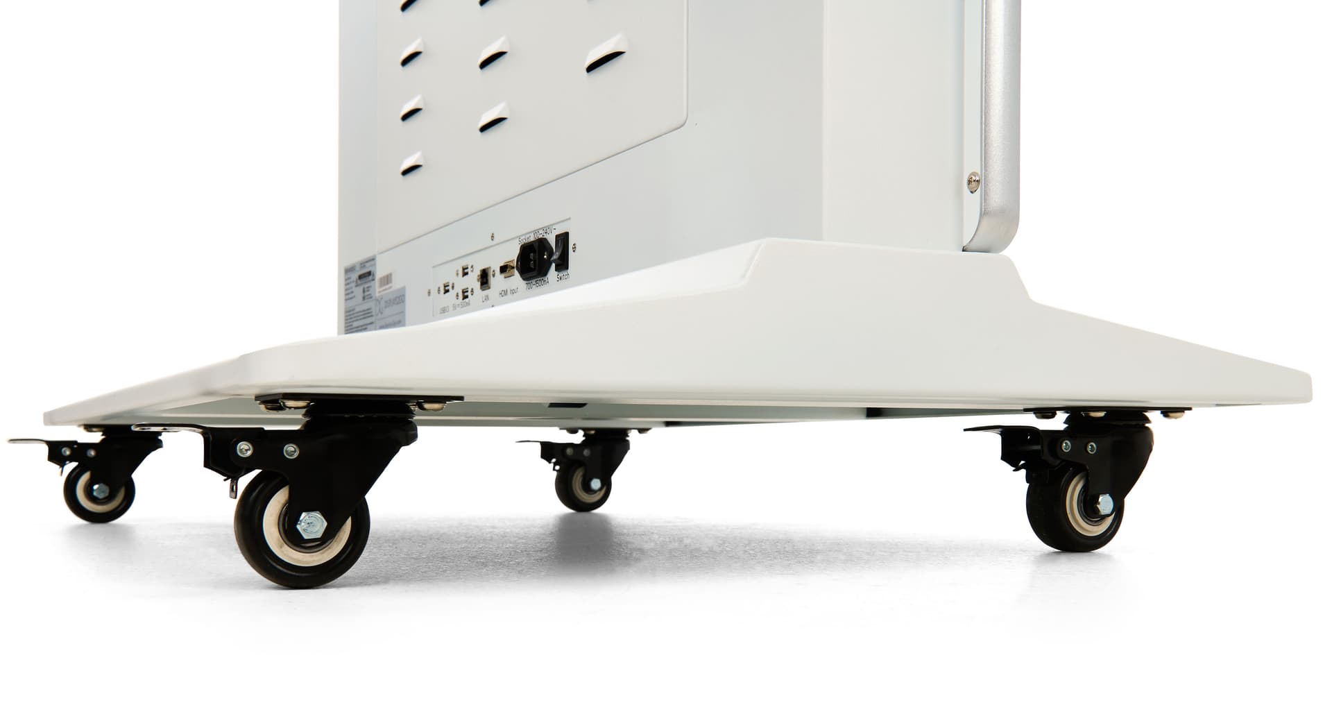 Advertising Multimedia Kiosk showcasing the base and locking caster wheels that are included for this unit