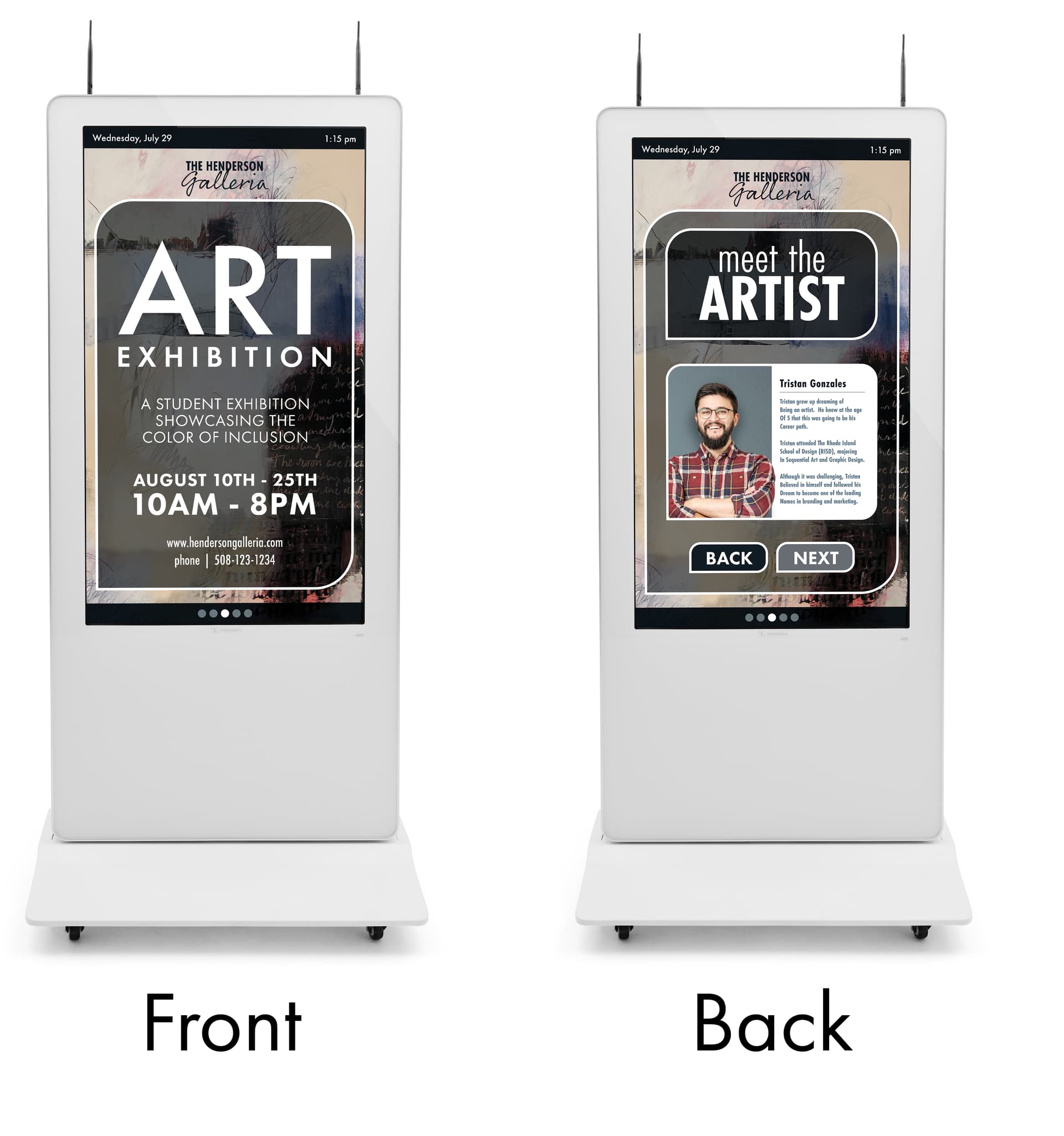 Double-sided digital vertical touchscreen kiosk with robust content creation and content management software system thanks to Wallboards premium software package