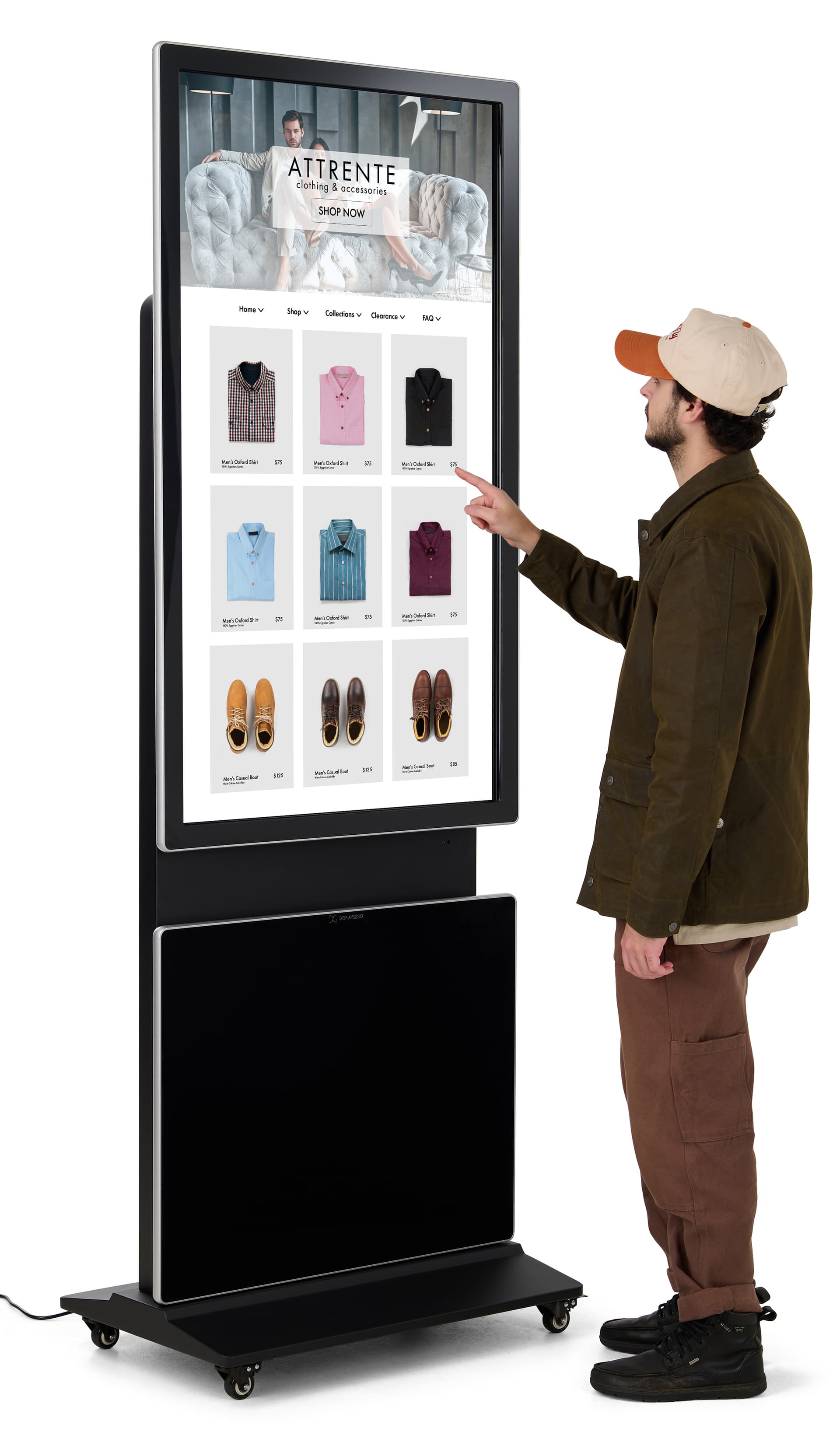 Rotating touch screen digital signage exhibiting someone using the 10pt IR touch capabilities on a retail clothing website in portrait mode