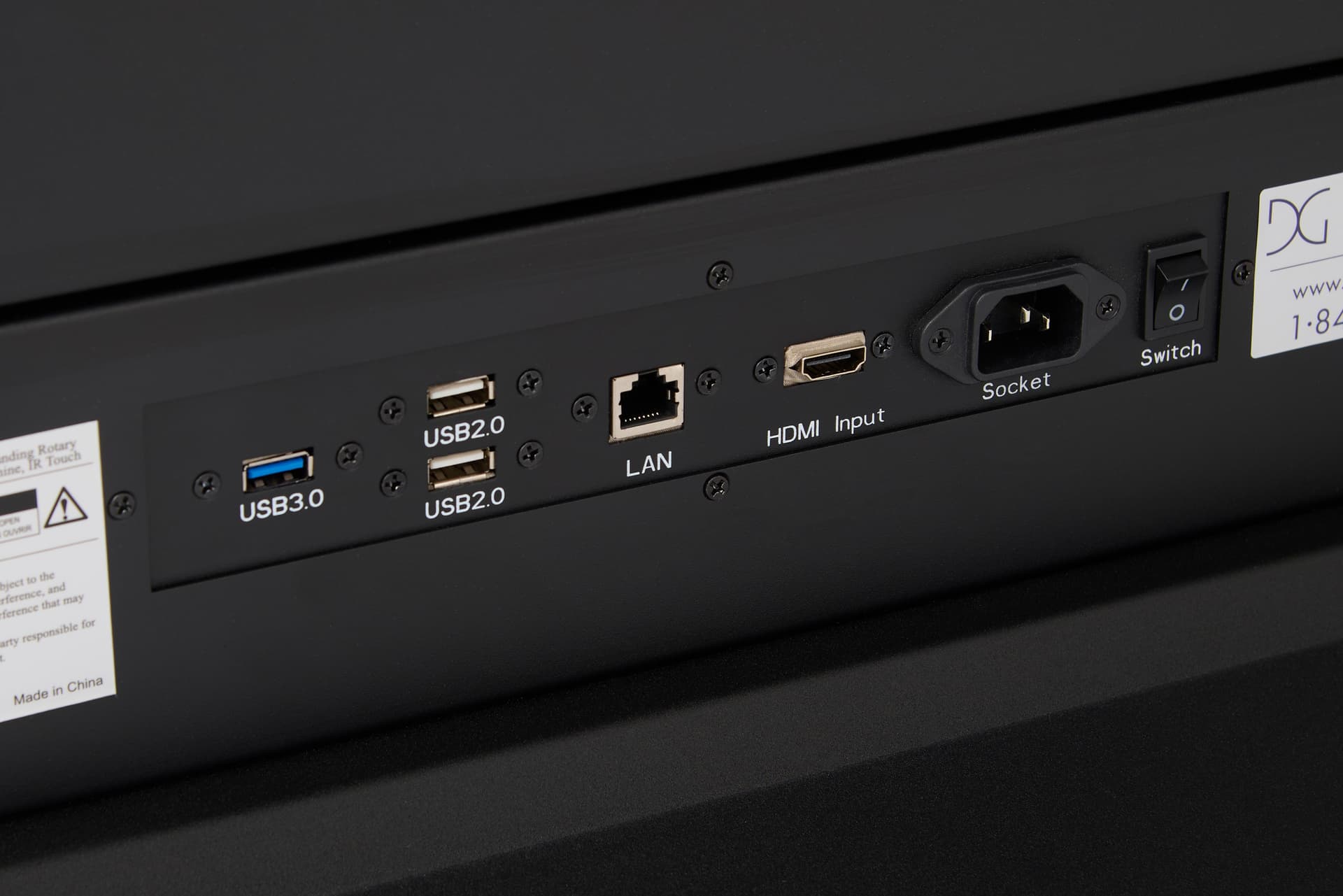 Rotating touch screen digital signage includes one USB 3.0, two USB 2.0, ethernet port, one HDMI input, and power cable input