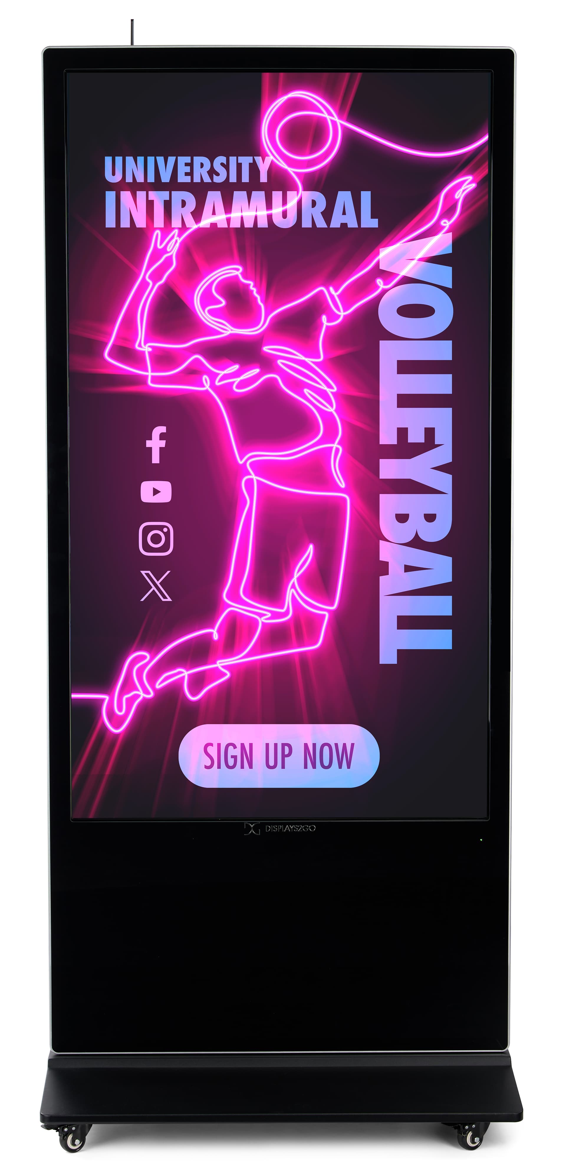 Advertising  multimedia kiosk with vibrant 4K display showcasing an intramural volleyball sign up graphic for a university