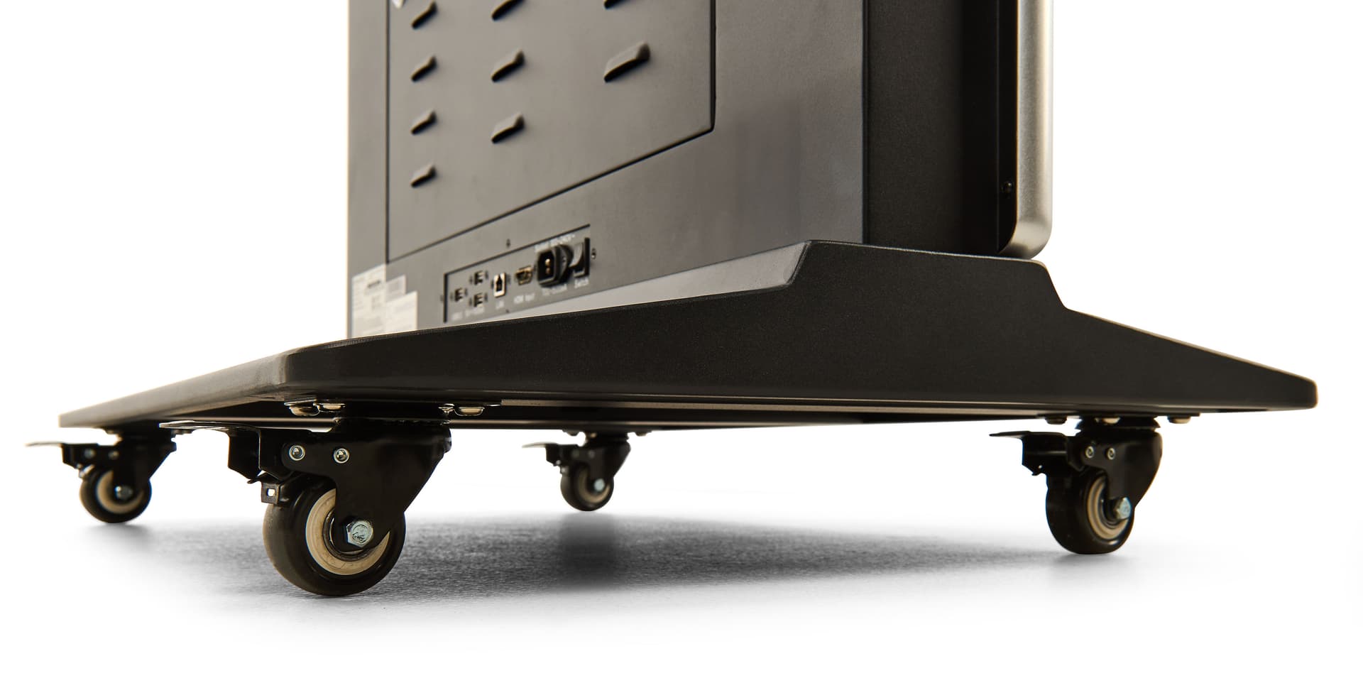 Advertising multimedia kiosk with a robust base and rolling caster wheels