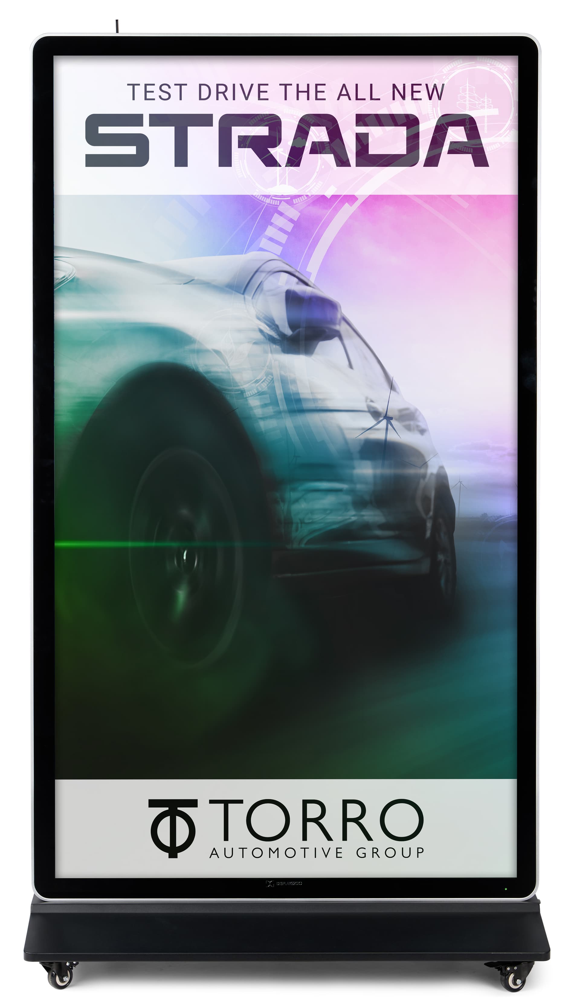 Digital display advertising floor stand with a graphic of a video being played for a car advertisement for a dealership