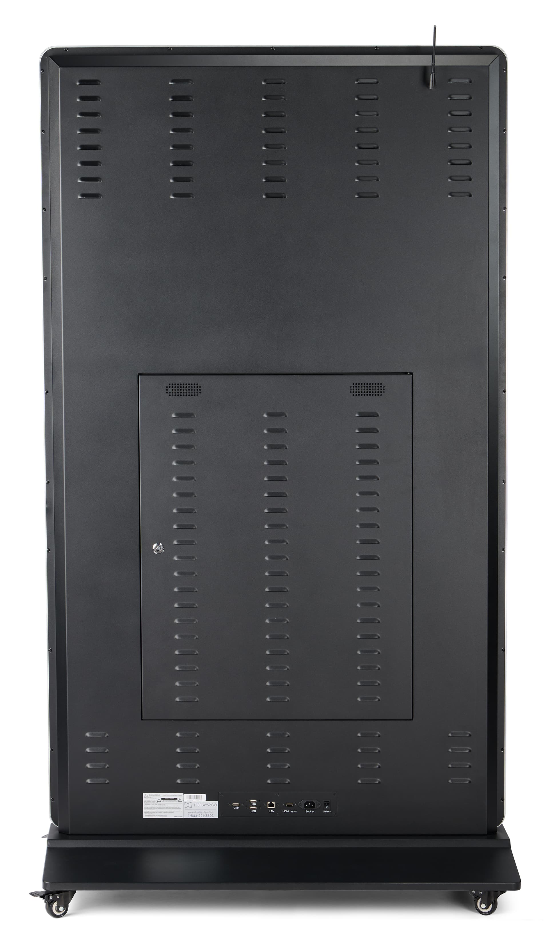 Digital display advertising floor stand showing the back of the unit which includes the port placement as well as a locked access panel for maintenance