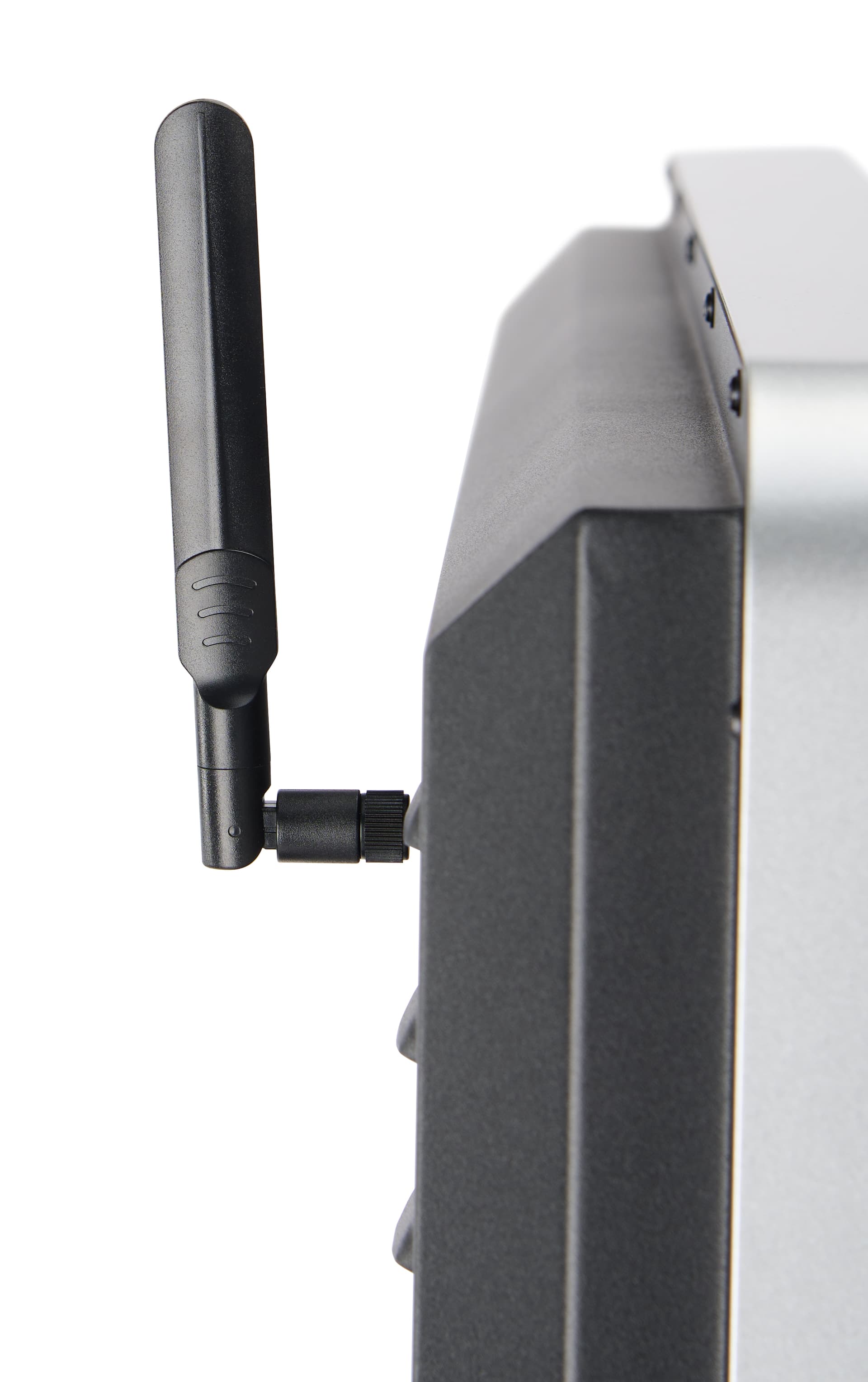 Digital display advertising floor stand with an external antenna with a flat paddle shape
