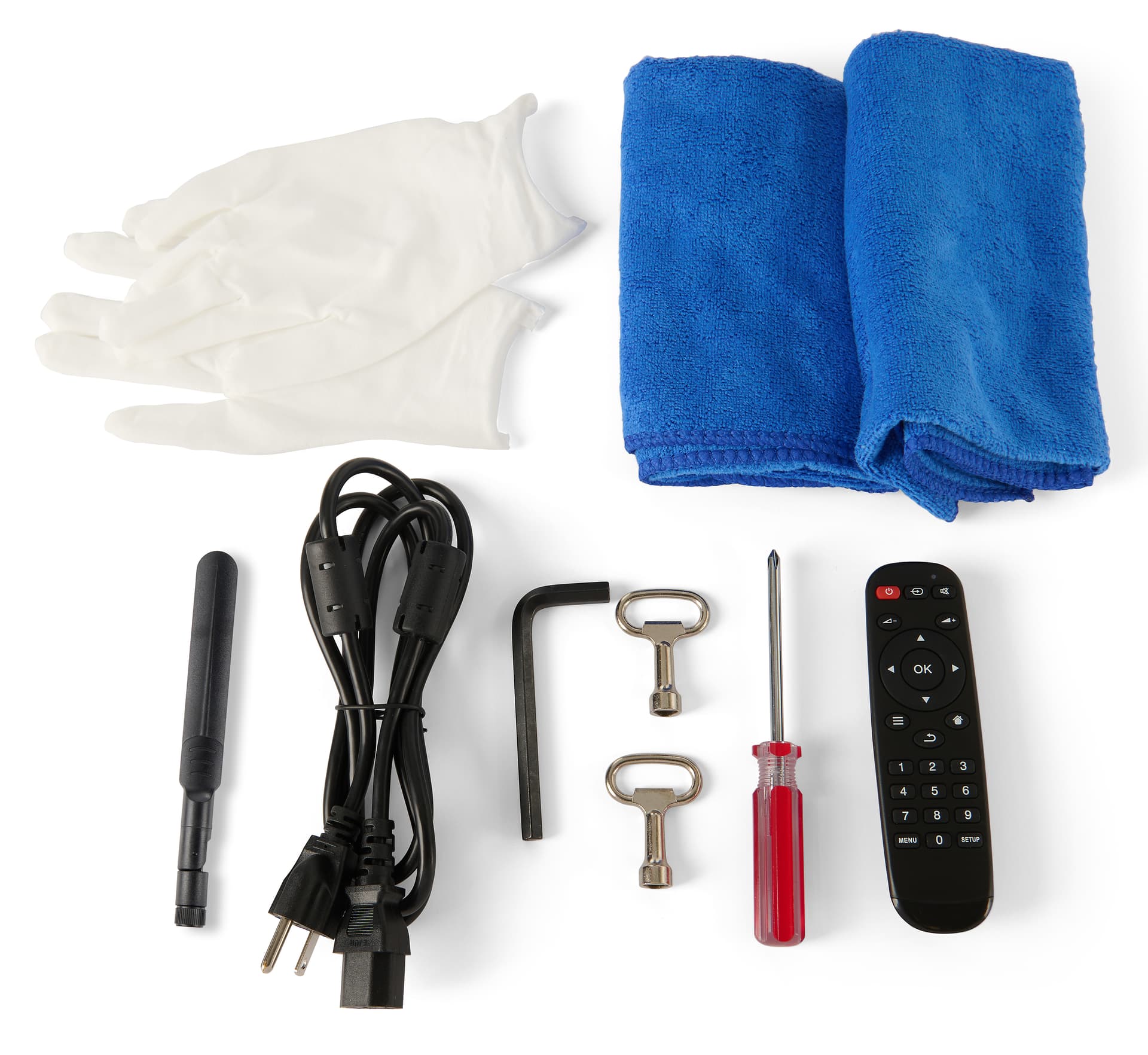 Digital display advertising floor stand with a kit shot that includes a remote, gloves, micro fiber towel, antenna, and tools