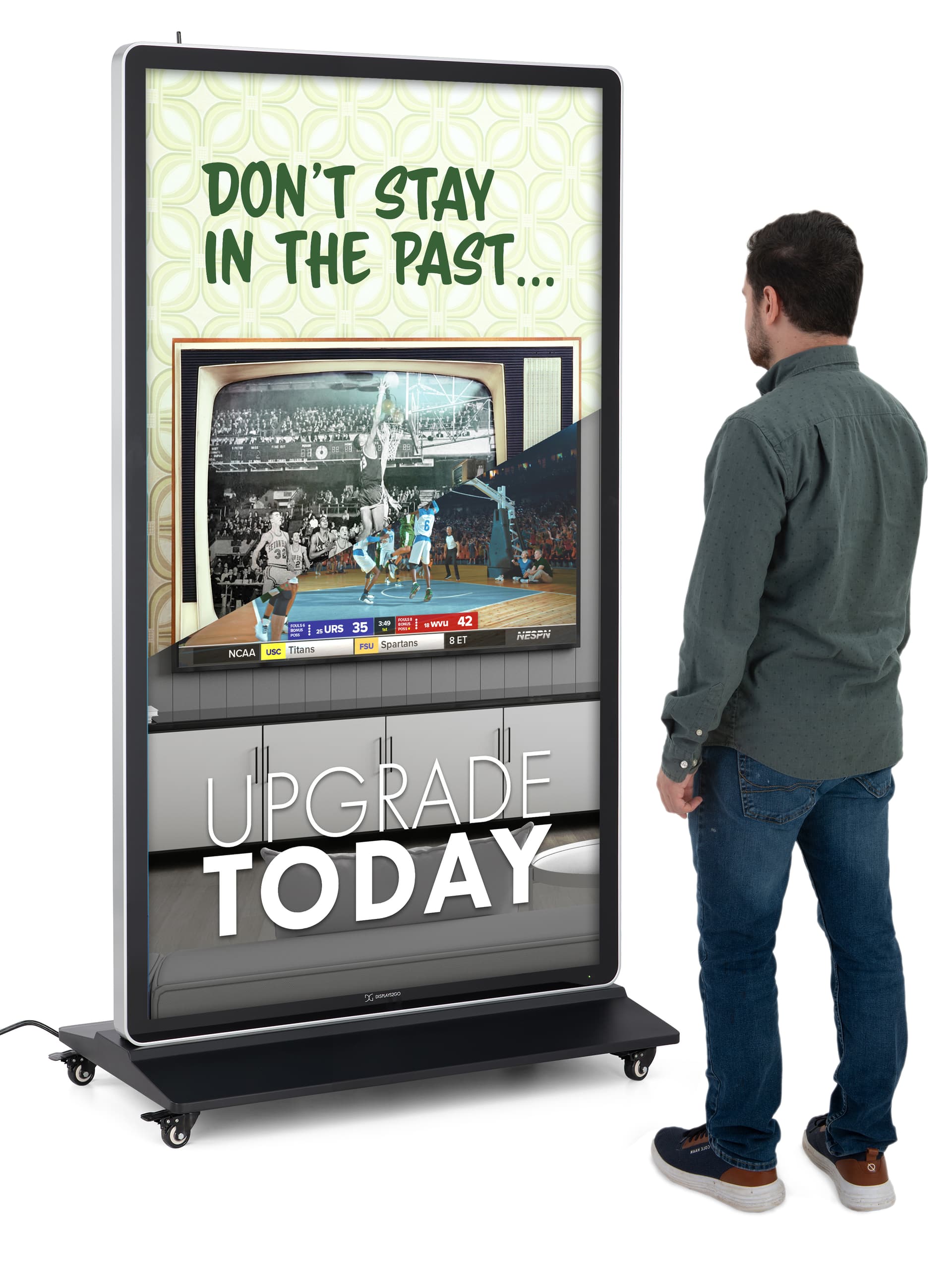 Digital display advertising floor stand with an individual standing next to it to showcase its size of 71 inches in height