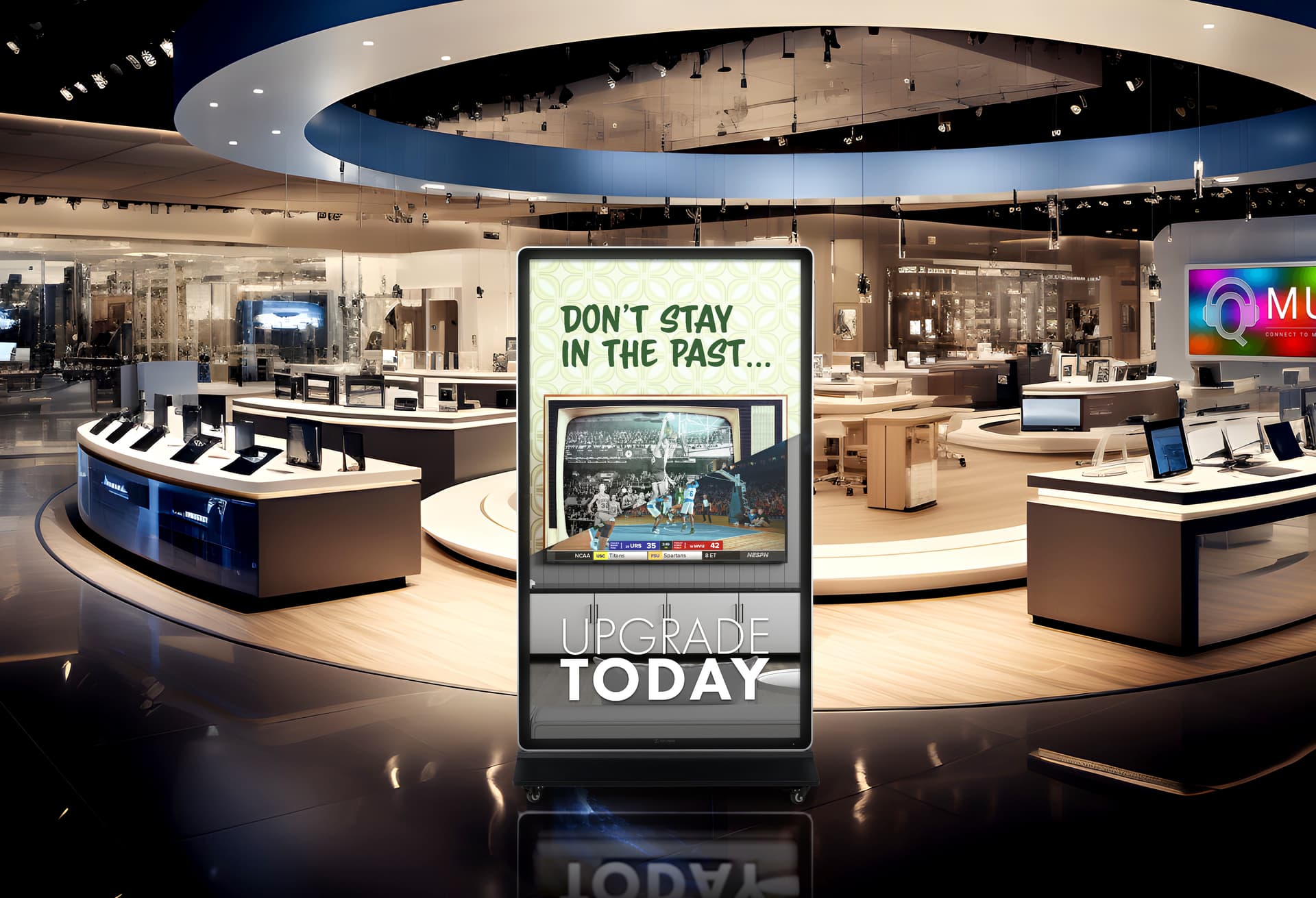 Digital display advertising floor stand exhibiting a graphic promoting upgrading your old TV in a tech store showroom  