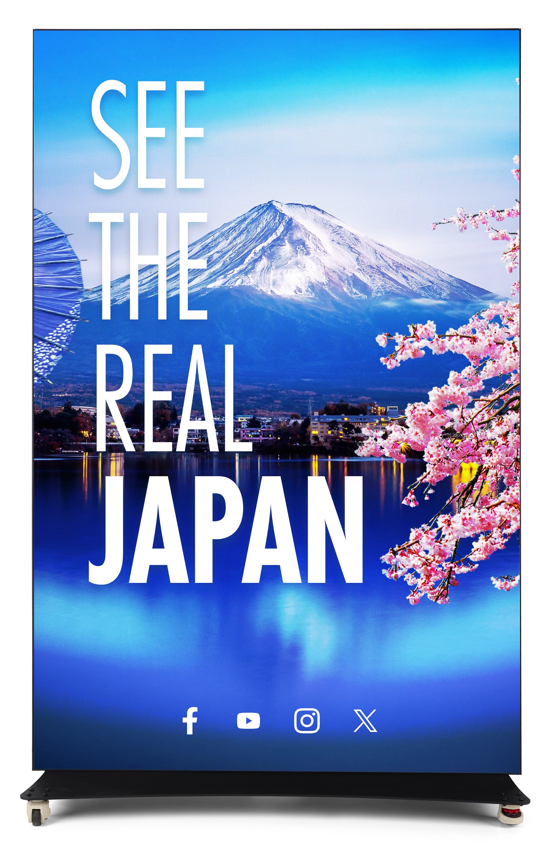 LED poster display with 50 inch wide screen exhibiting a travel to japan graphic for a travel agency