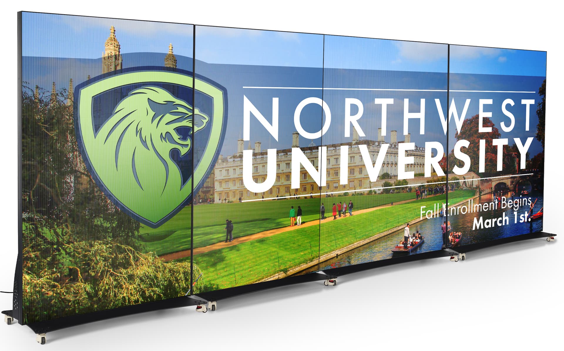 LED poster display daisy chaining four 50 inch LED posters for a 16.5 foot display wall advertising a university enrollment ad