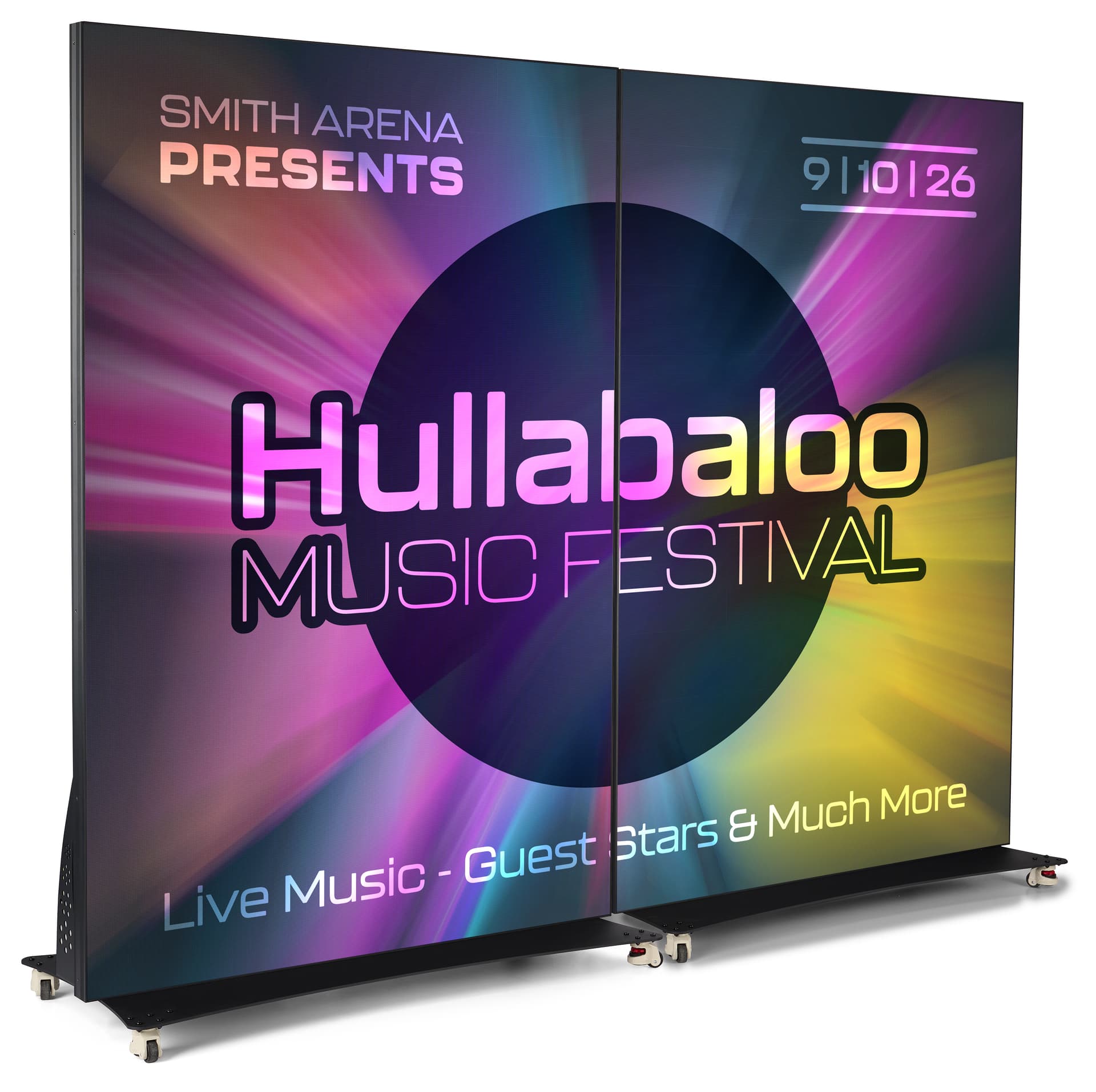 LED poster display daisy chained with two 50 inch LED posters showcasing a large music festival advertisement