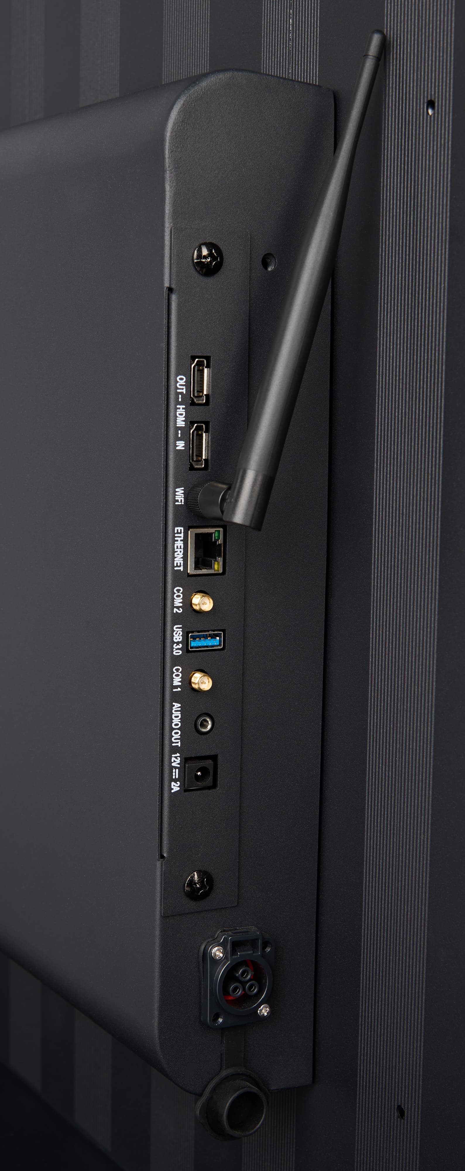 LED poster display ports include an HDMI in and out, ethernet cable, USB 3.0 port, and audio out