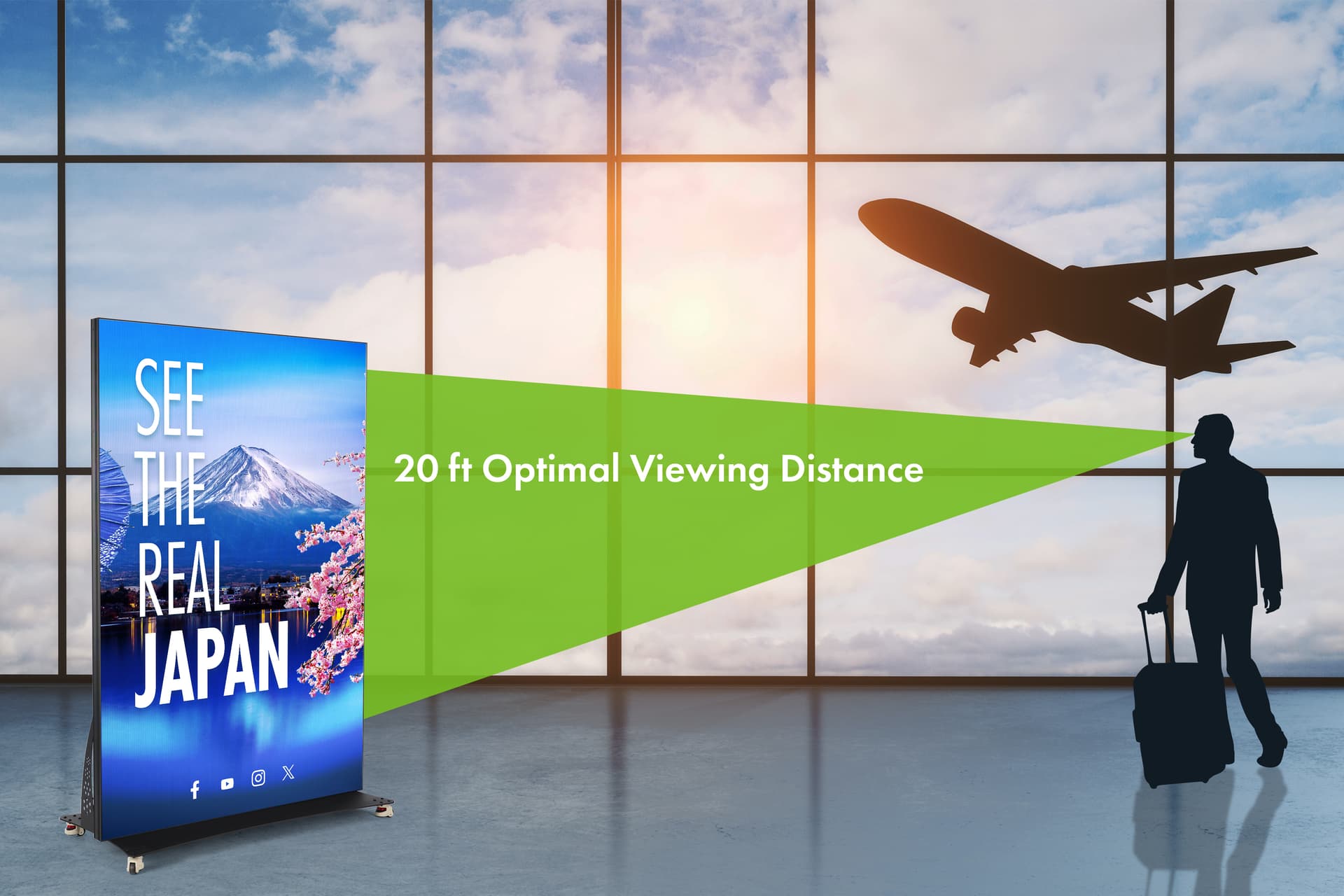 LED poster display showcasing the optimal viewing distance of 20 feet