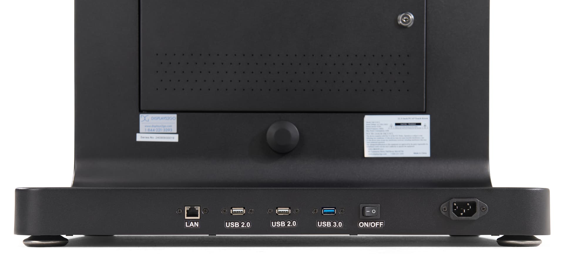 Floor standing touch screen kiosk with two 2.0 USB ports, one 3.0 USB ports, and ethernet port